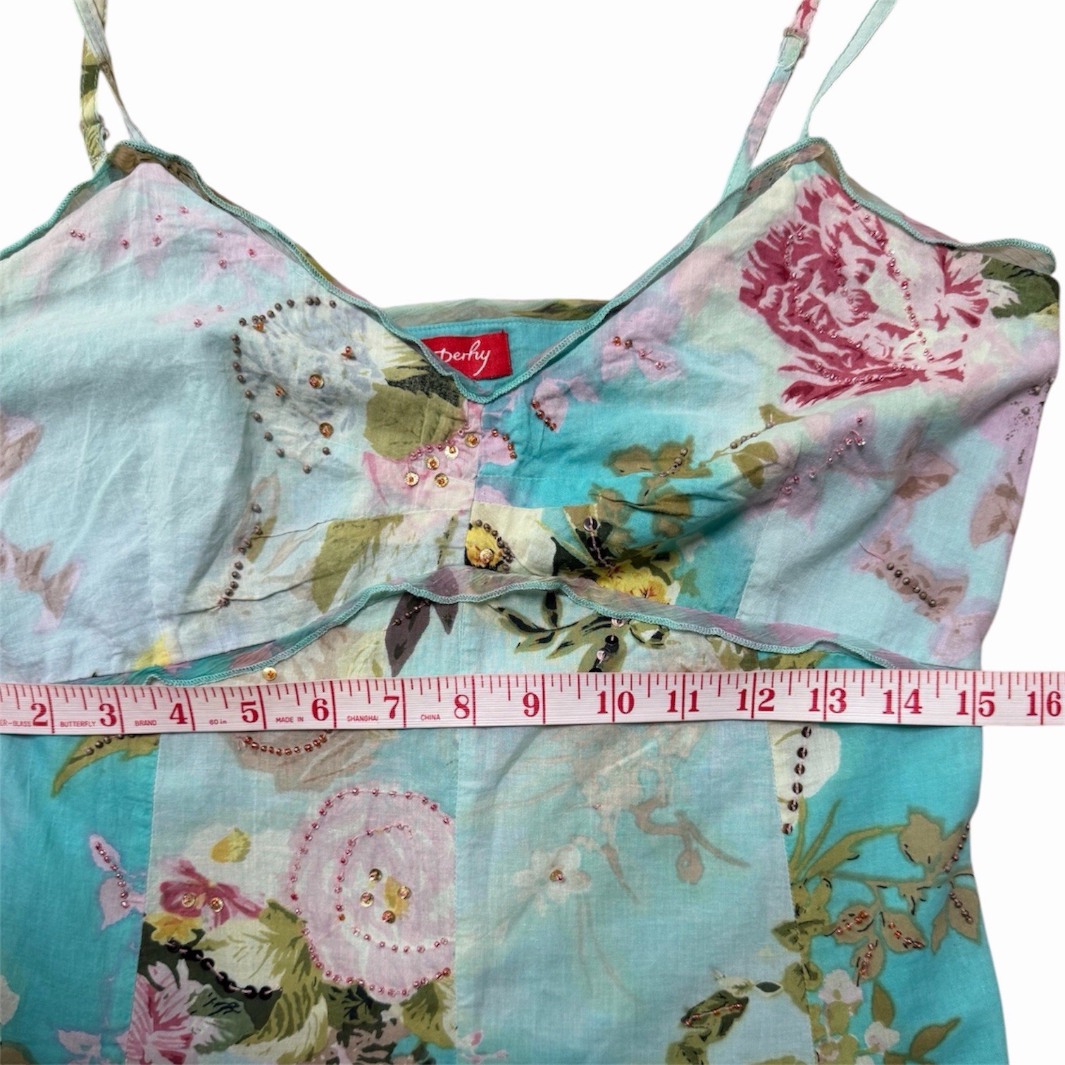 Vintage René Derhy Floral Aqua Fairy Dress Beaded Embellished Cottagecore Y2K