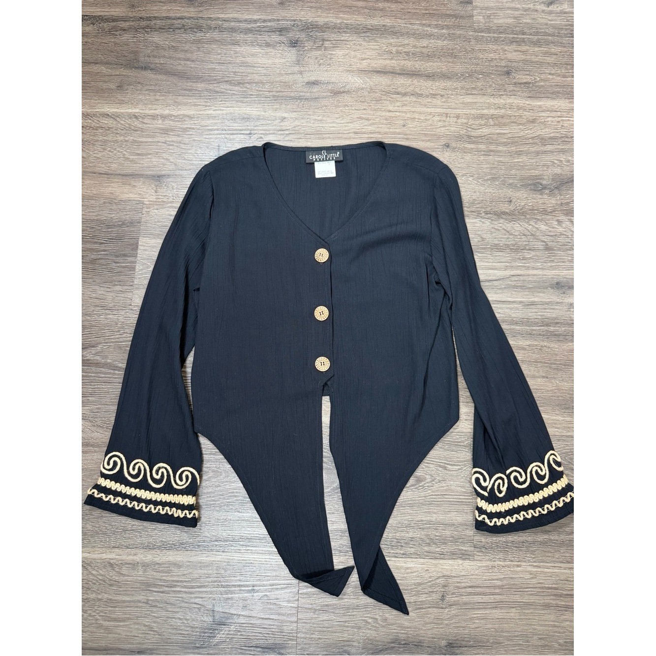 Vintage Carole Little Petites Black Rayon Boho Embroidered 2 Pc Set Size 2