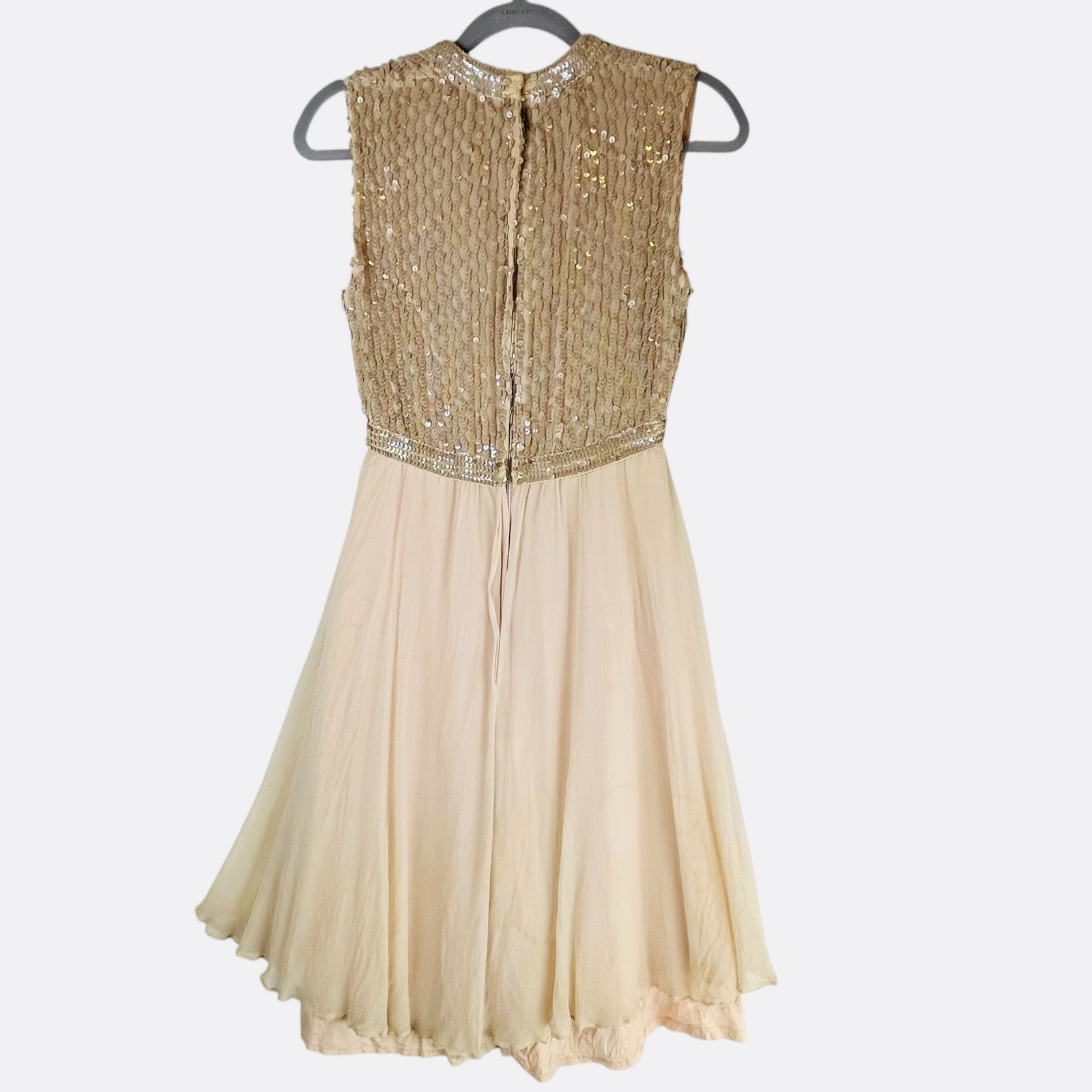 Vintage 50s Fred Perlberg Chiffon Party Dress Sequin Sleeveless Beige Nude READ