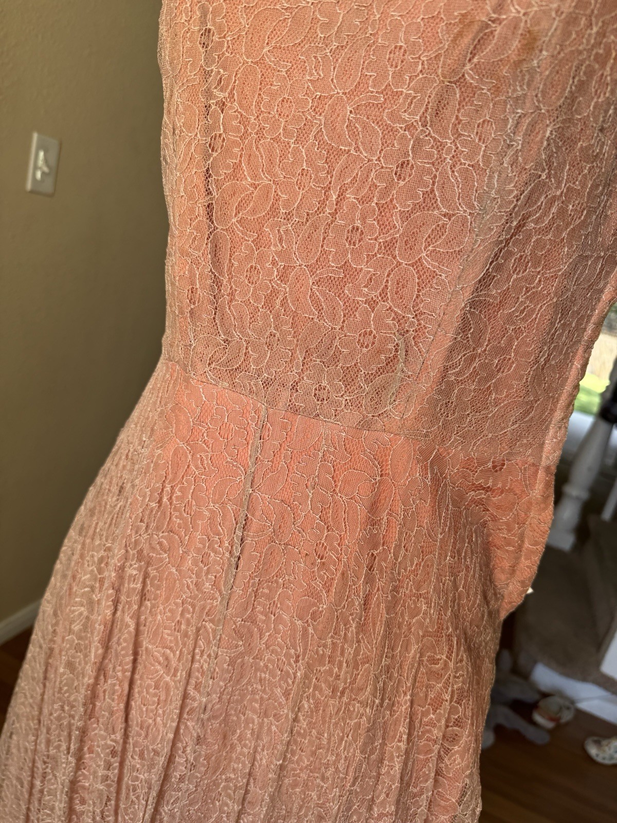 Vintage 40’s Ceil Chapman Lace Gown Peach Brown Copper 24” Waist Midi Sz 4