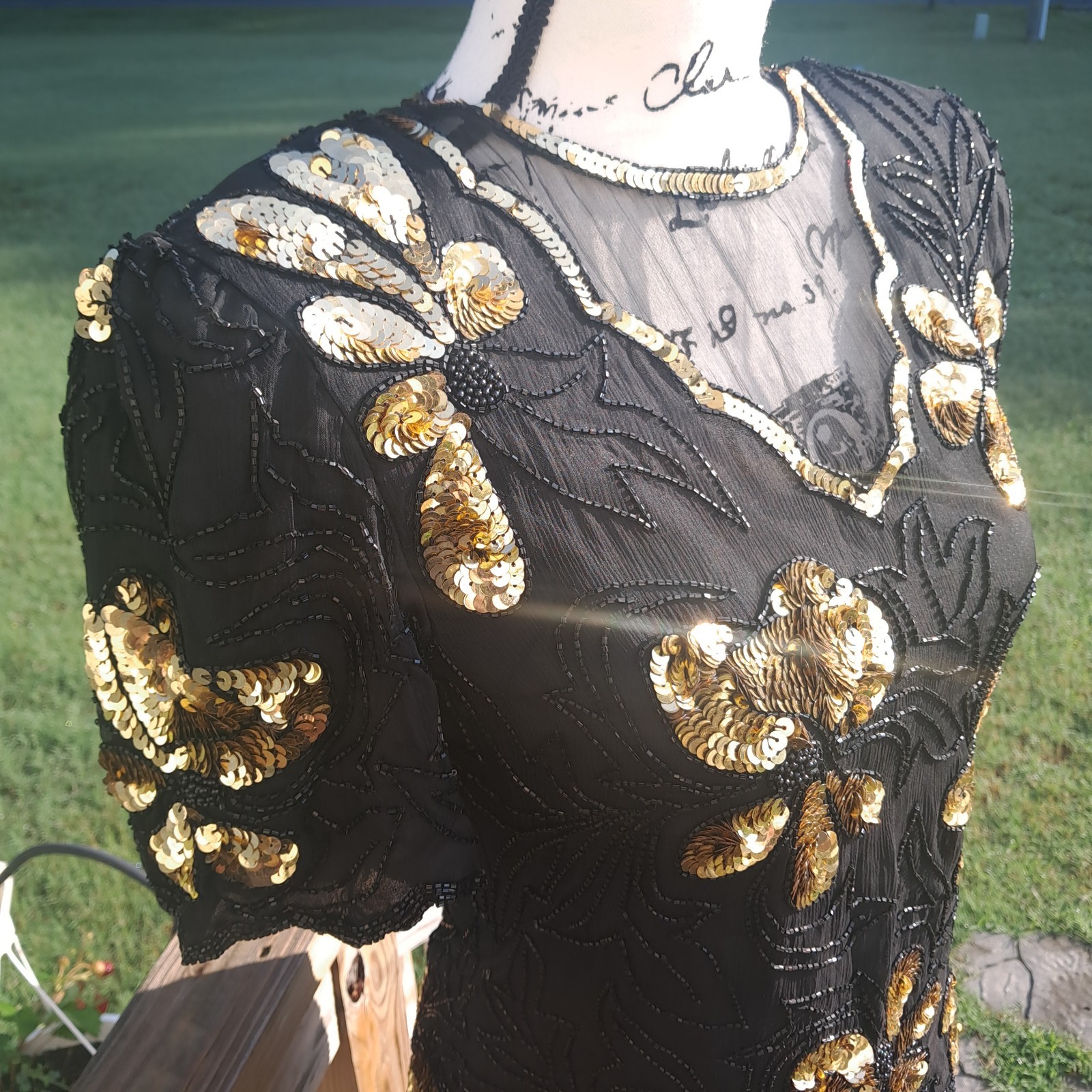 Vintage Stenay Silk Sequin Beaded Top Small Floral Black Gold Regency Goth Event