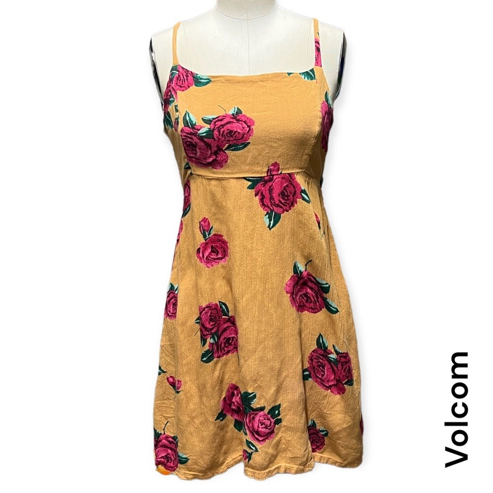 VOLCOM tie back spaghetti strap rose print mini dress + size M