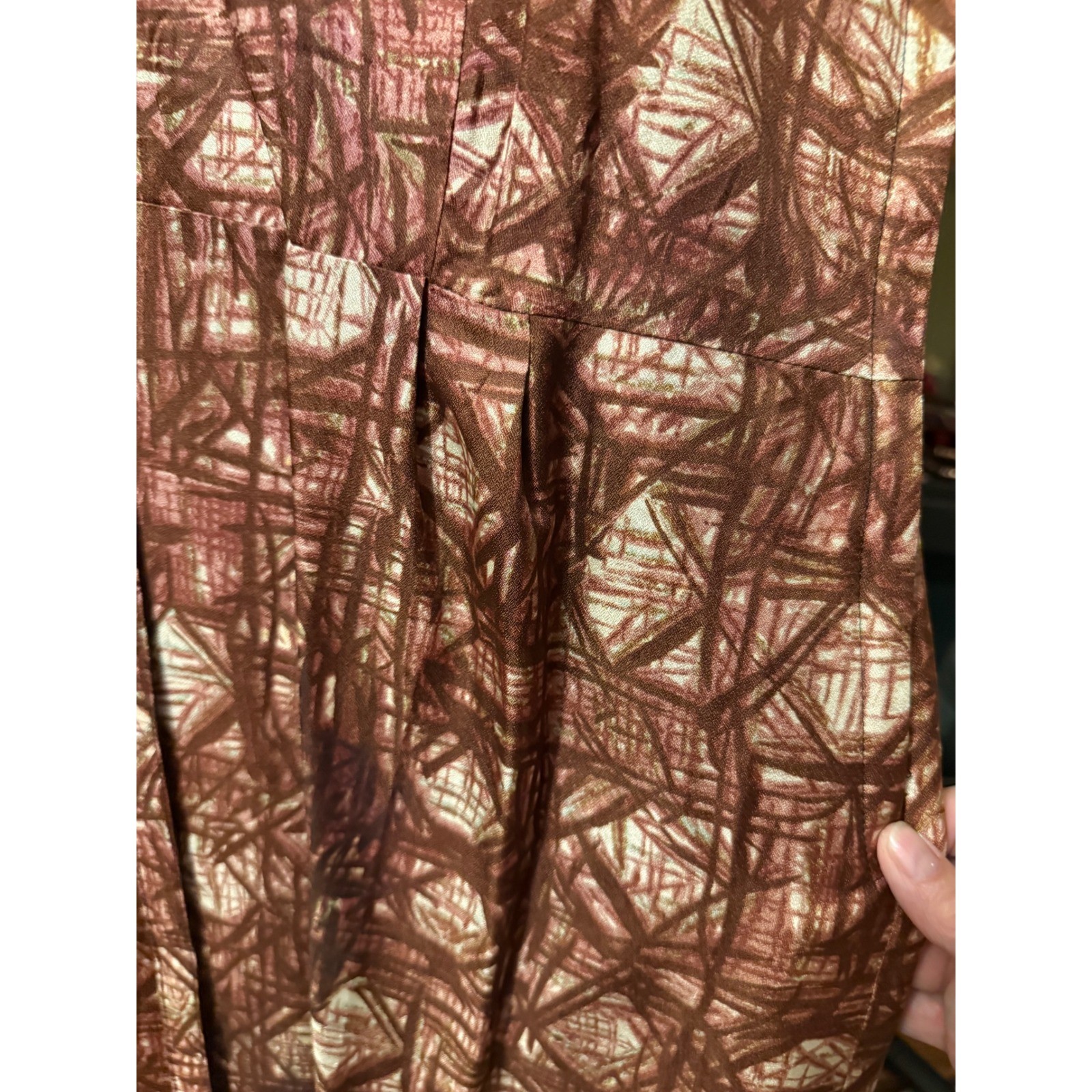 Vintage 50s 60s Abstract Print Dress & Jacket Set Copper Brown MCM Sheath Belted