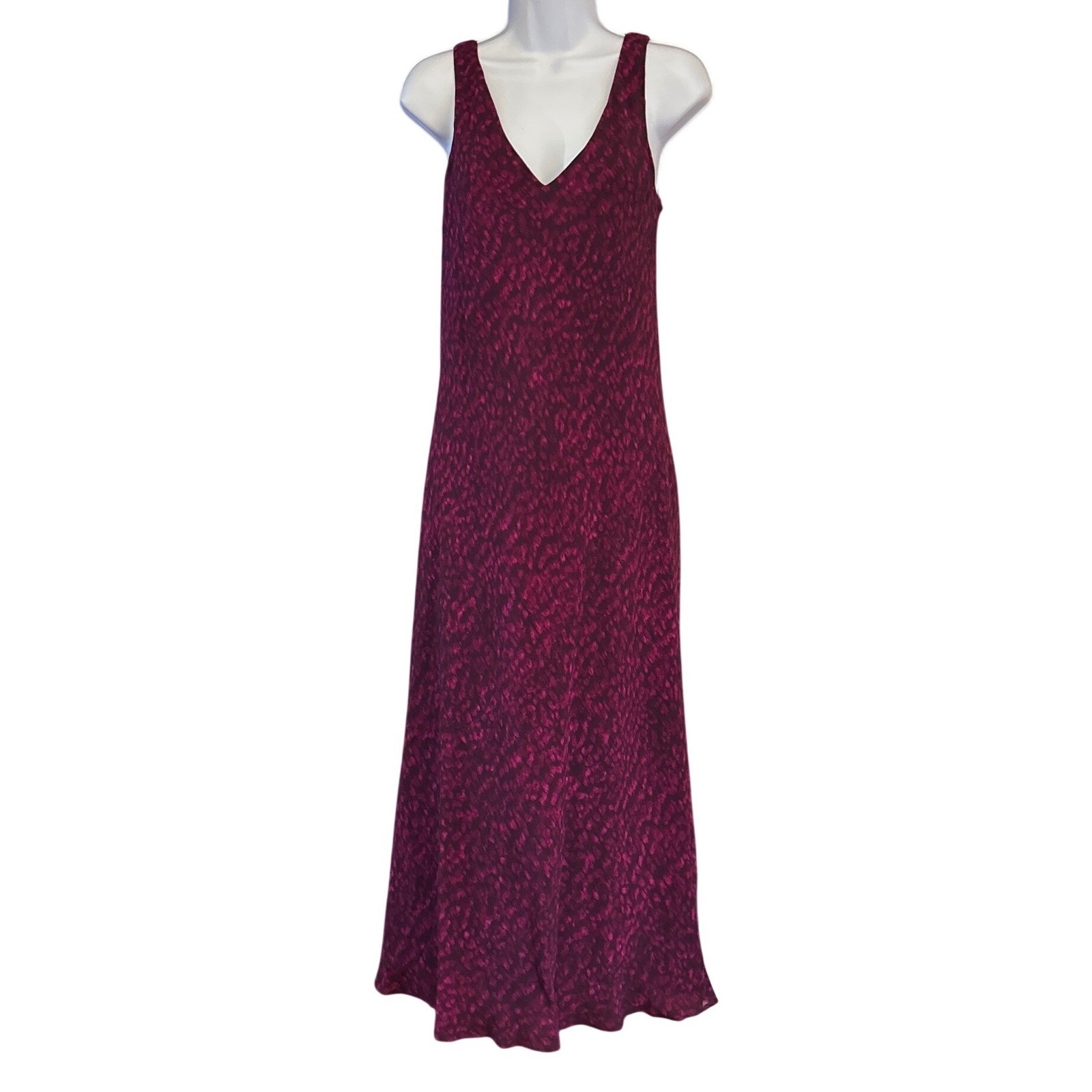90s Jones New York Dress Burgundy Magenta Abstract Print V-Neck Minimalist Chic