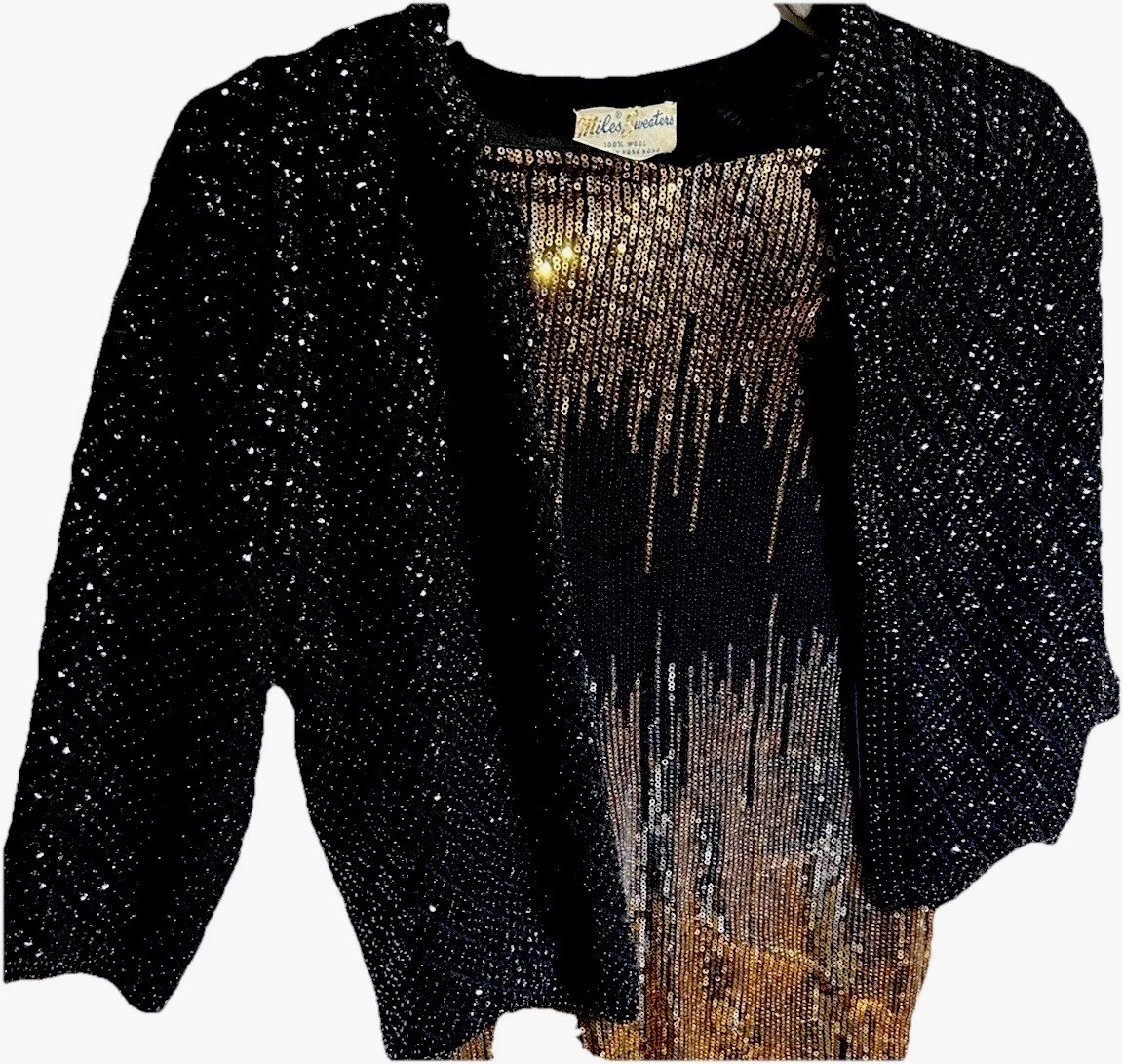 Cardigan Black Sequins Knit Lambskin Womens MILES Small 17” Vintage
