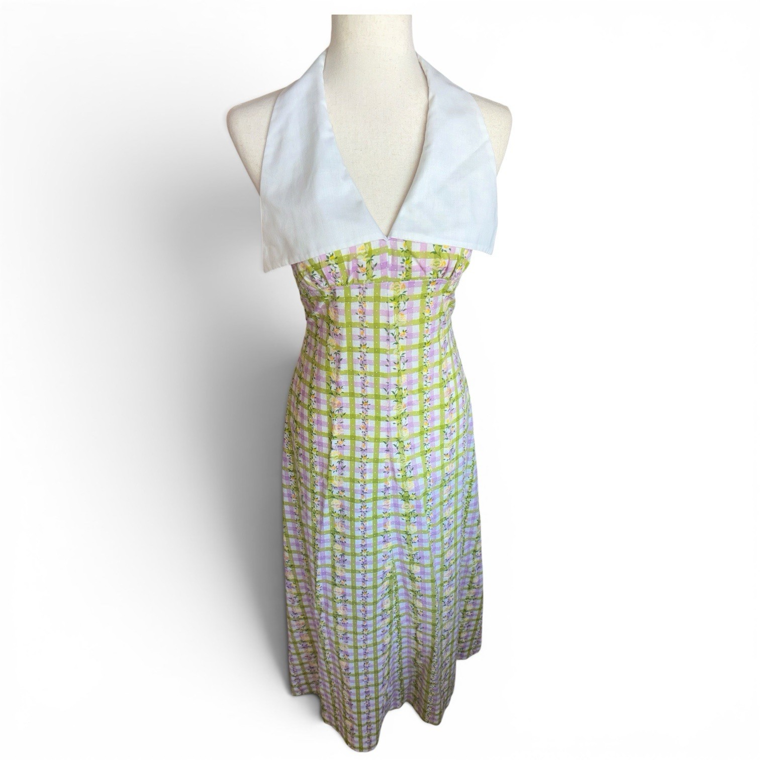 Late 60’s/70’s Gingham Sailor Halter Neck Maxi Floral Dress Handmade Vintage XS
