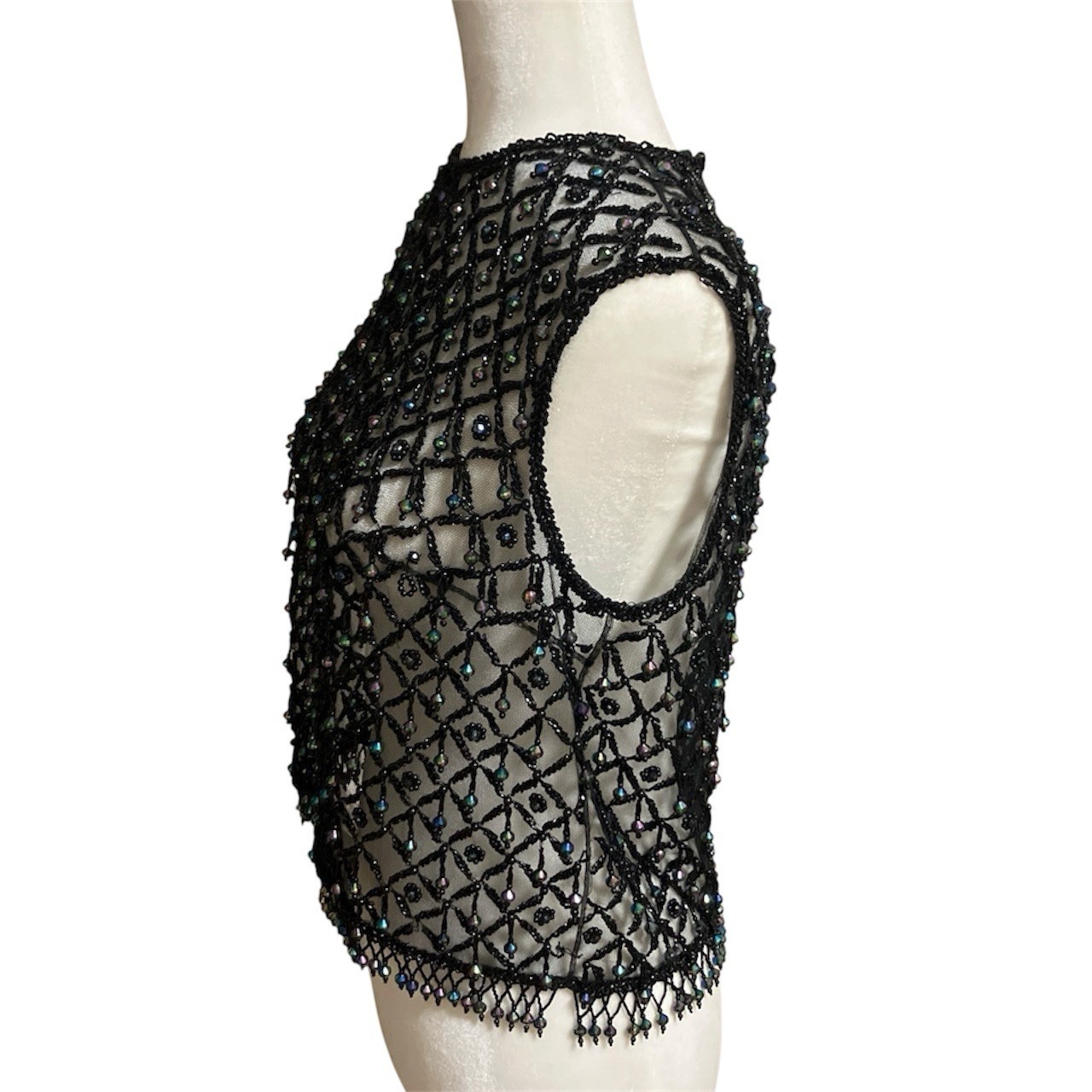 Vintage Handmade Beaded Mesh Iridescent Sleeveless Black Top