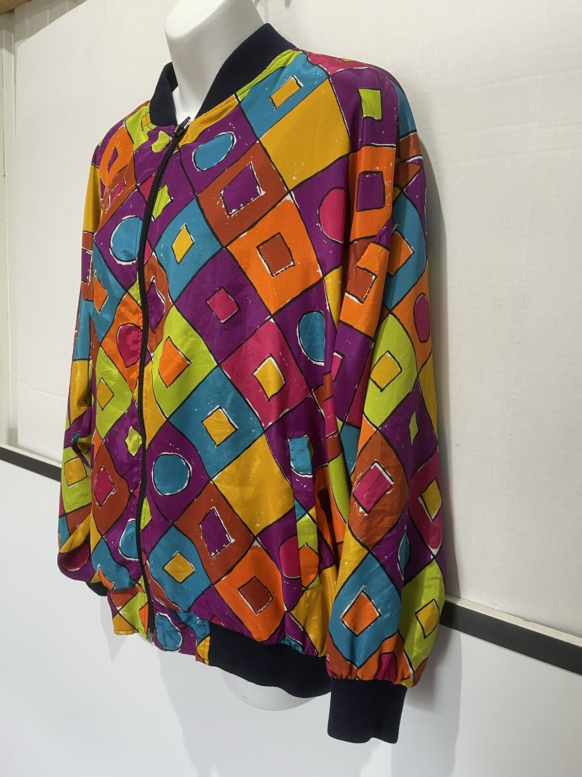 Vtg 80s 90s Silky Bomber Jacket Wild Funky Print S/M/L One Size Fits