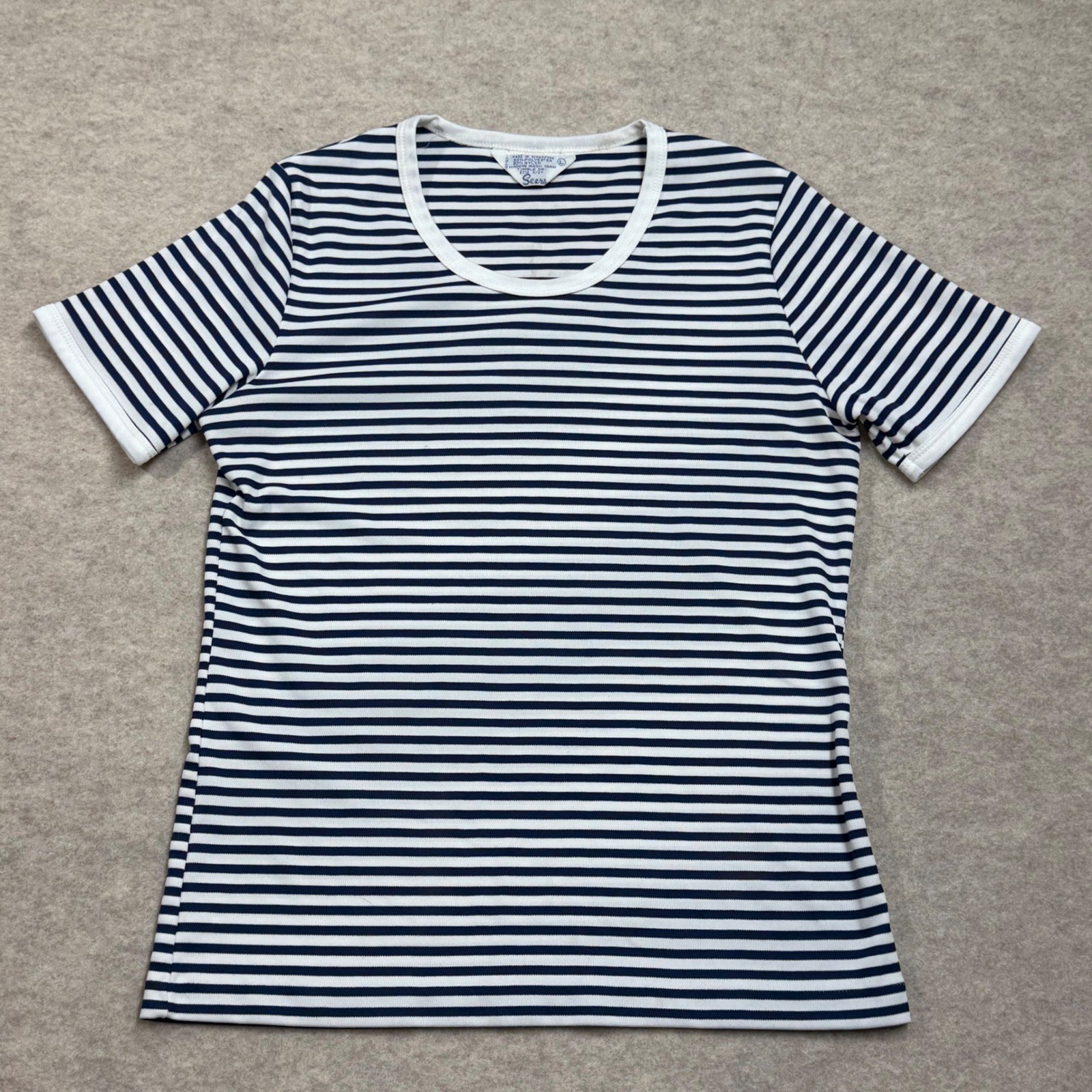 Sears Vintage 70s Striped Short Sleeve T-Shirt Navy White Womens Large