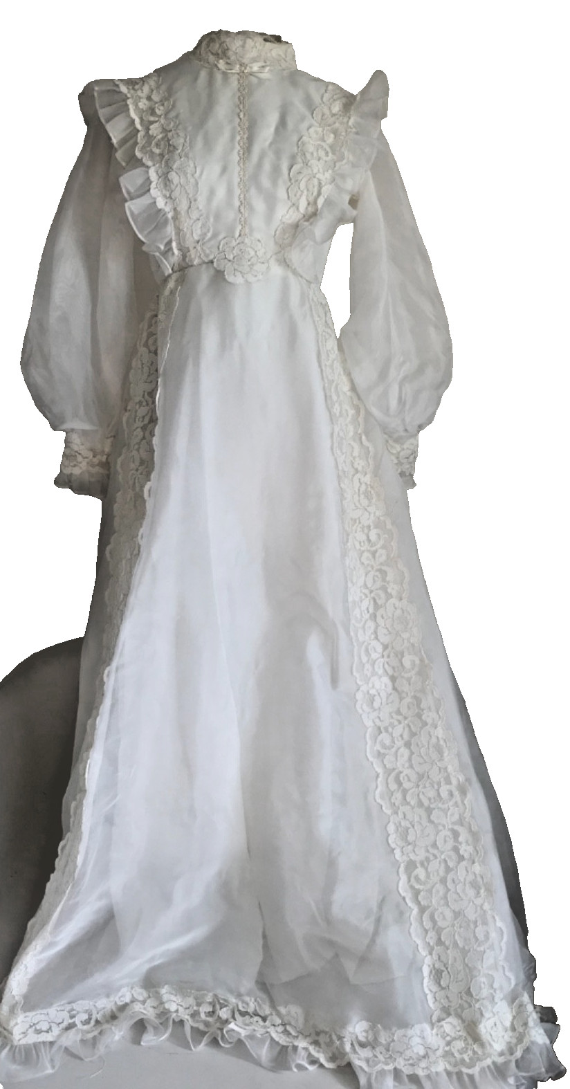 Vintage 70’s Prairie Wedding Down, Long Sleeve, Cream, Full Skirt High Neck