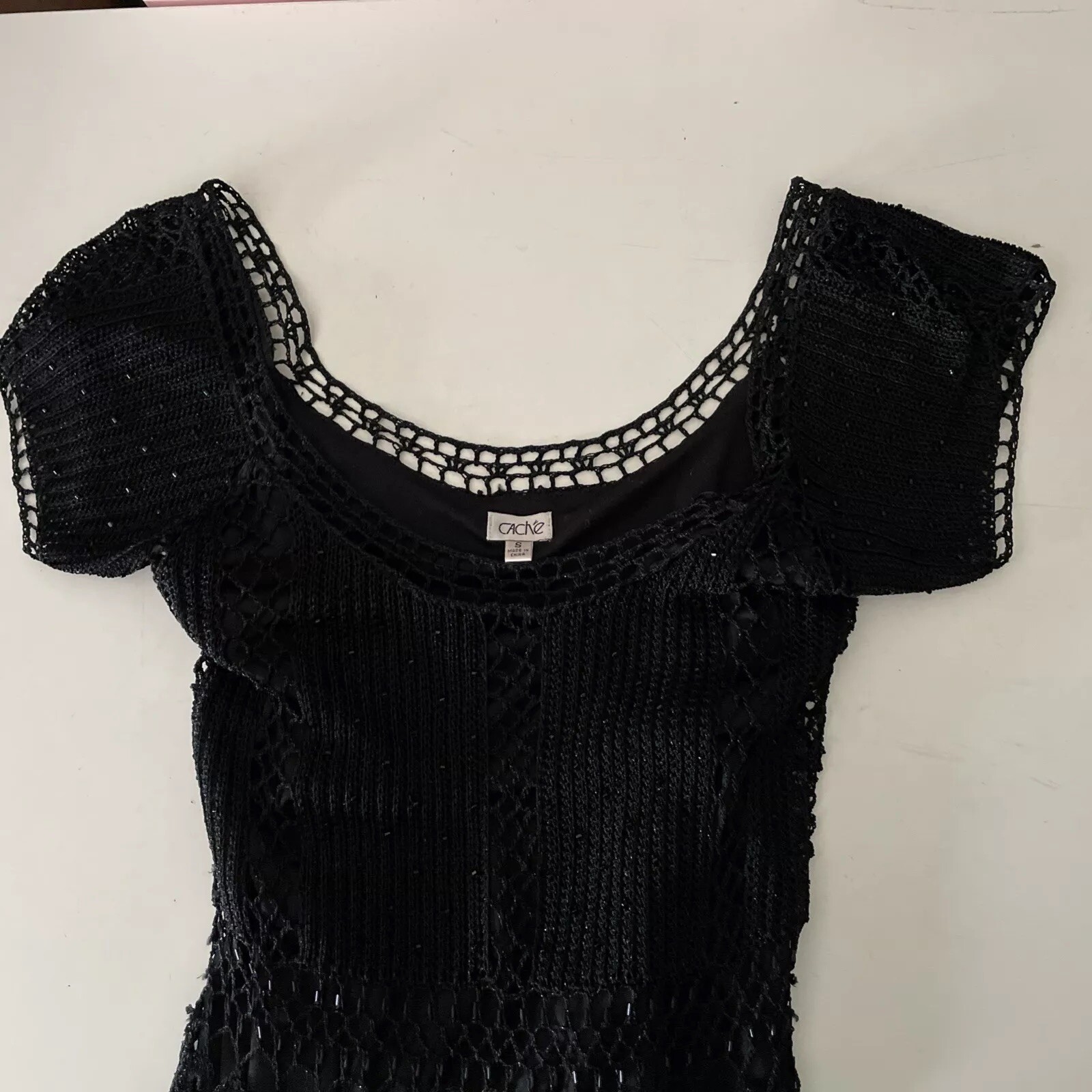 Gorgeous Vintage CACHÉ Black Beaded Crochet Knit Midi Dress XS/S/M