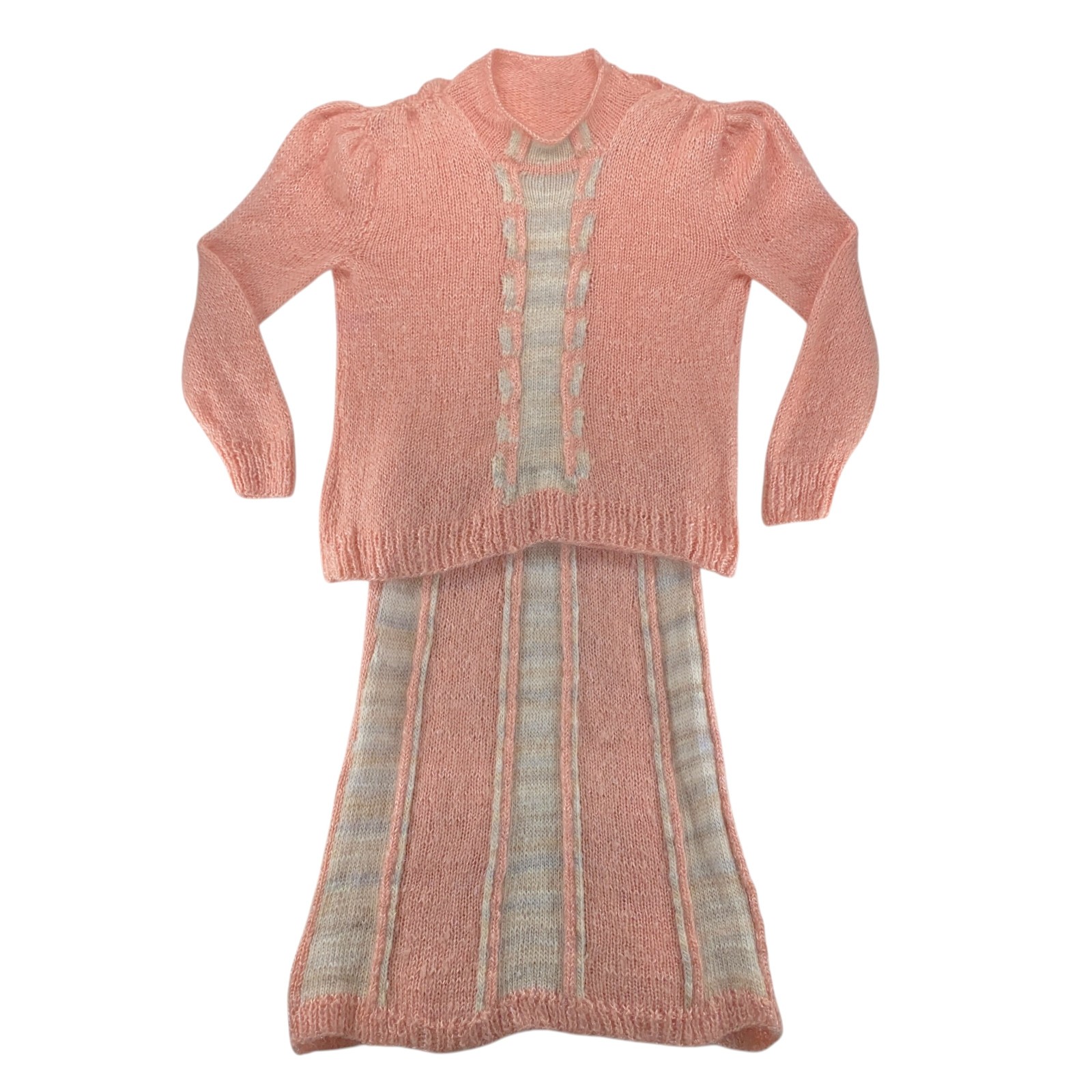 Vintage 2 Piece Knit Skirt Set Plus Size 2XLarge Peach Ivory Gray Pullover Midi