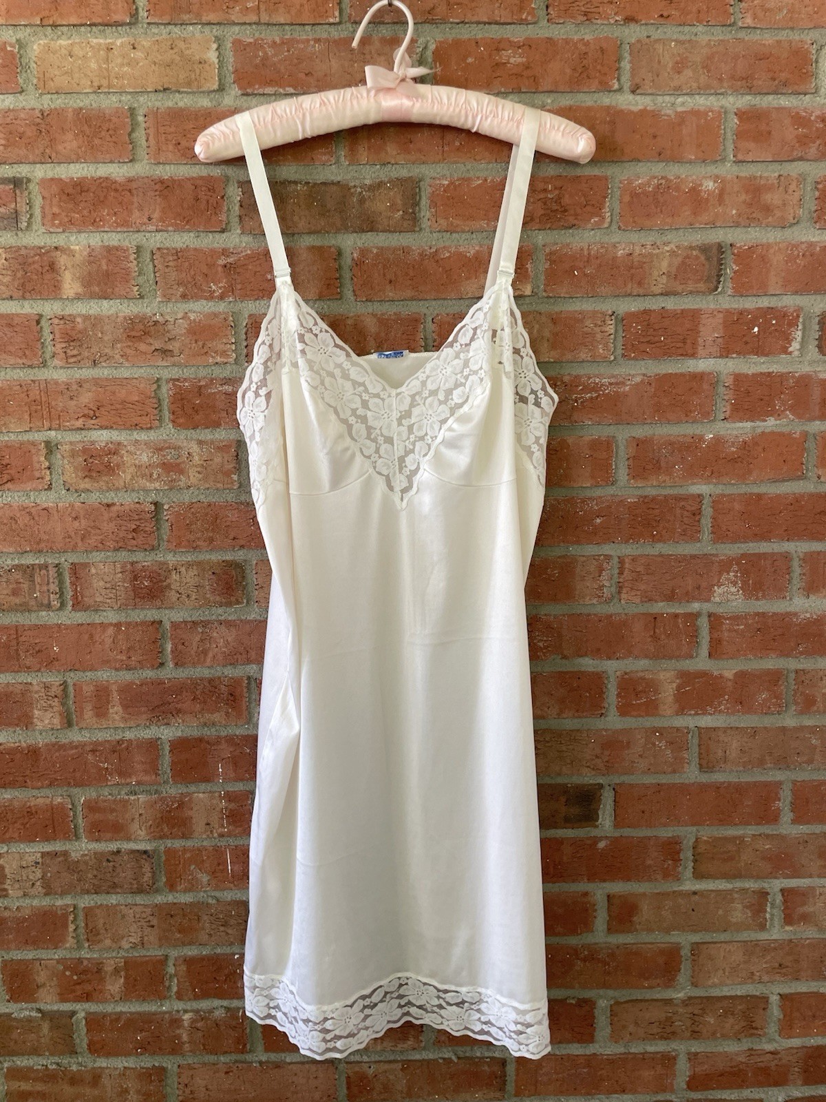 Vintage 60s Merville White Nylon Tricot Lace full Slip Dress Coquette Size 40