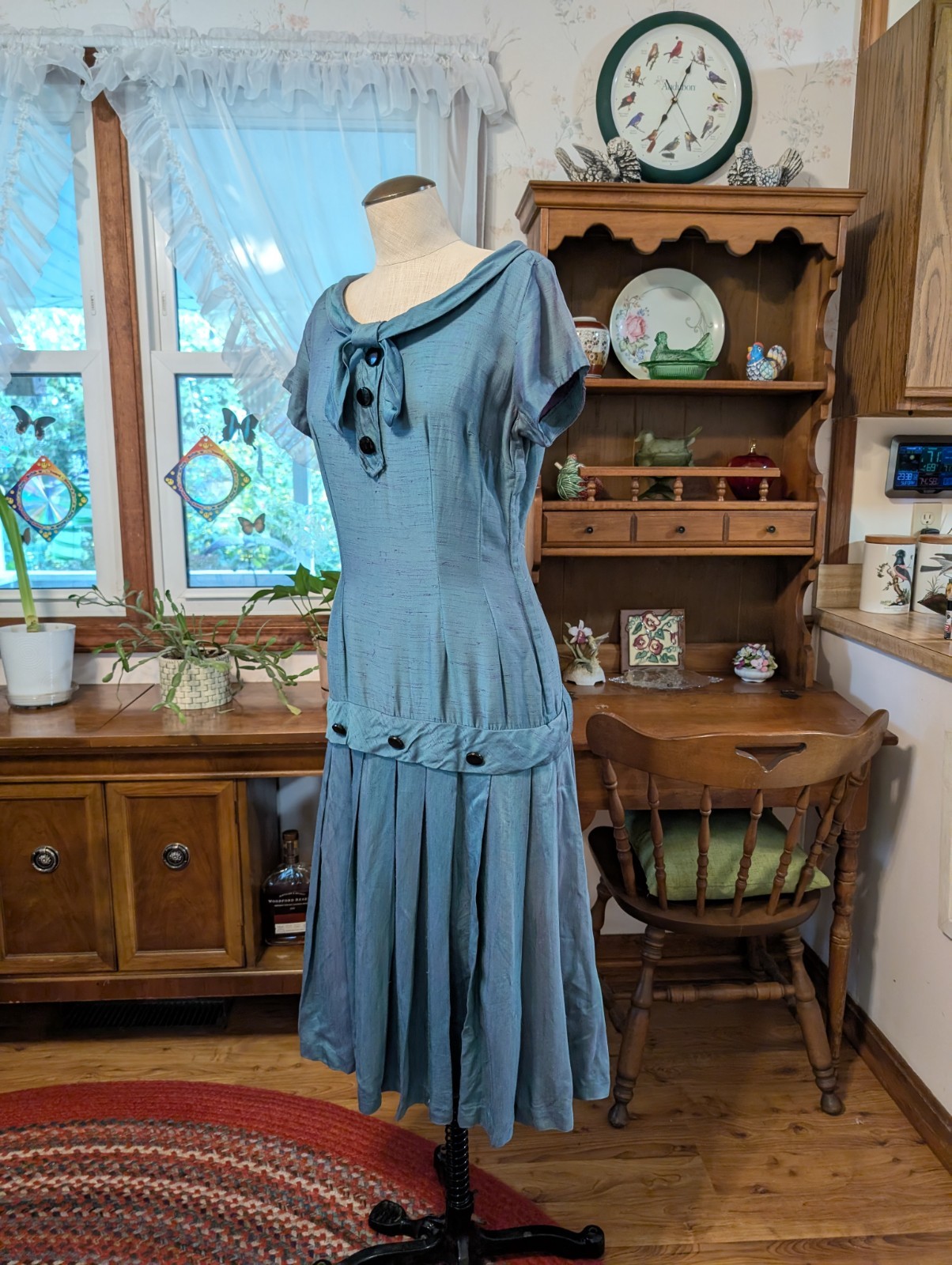 (s/m) EVENING ENIGMA! 1920s Two-Toned Silk Drop Waist Dress TEAL PURPLE Antique