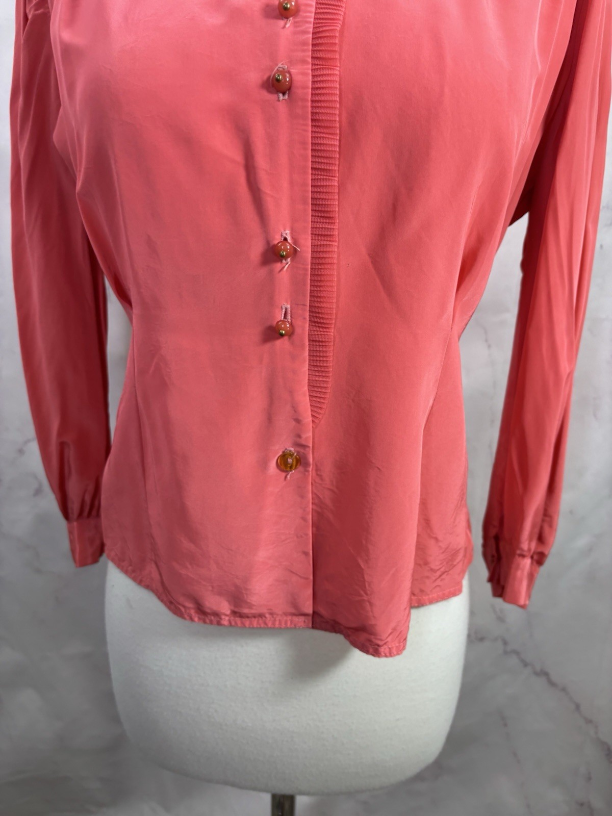 VTG 1940s Pink Button Up Blouse Pink Pleated Collar Retro Rockabilly 40s S Pinup