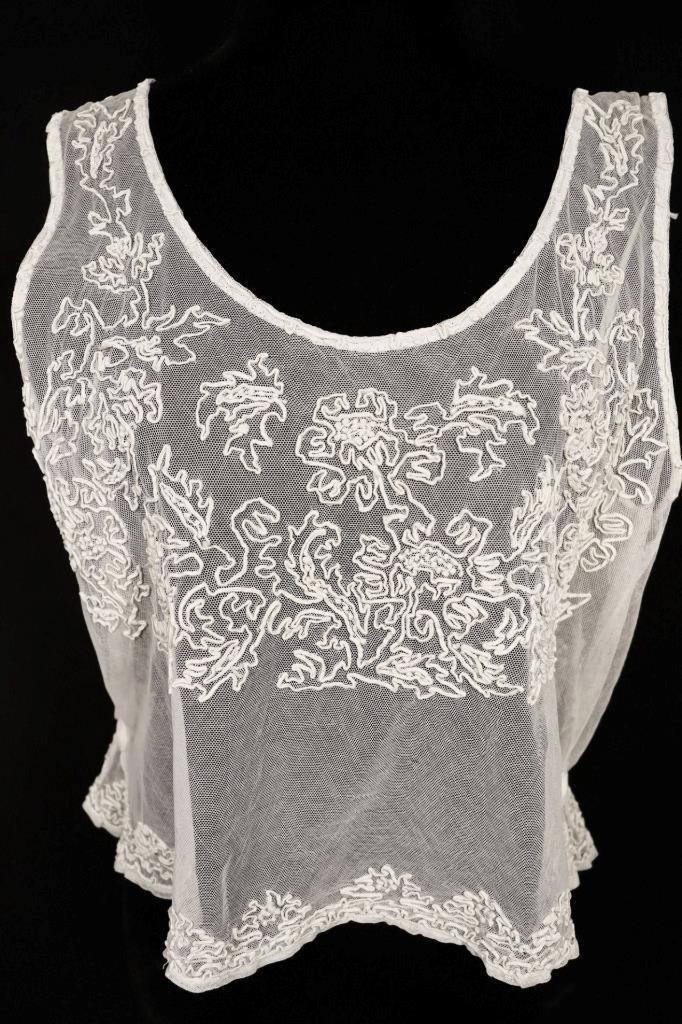 Antique French Edwardian Tea Color Cotton Hand Appliqued Camisole 40&Prime; Bust Large