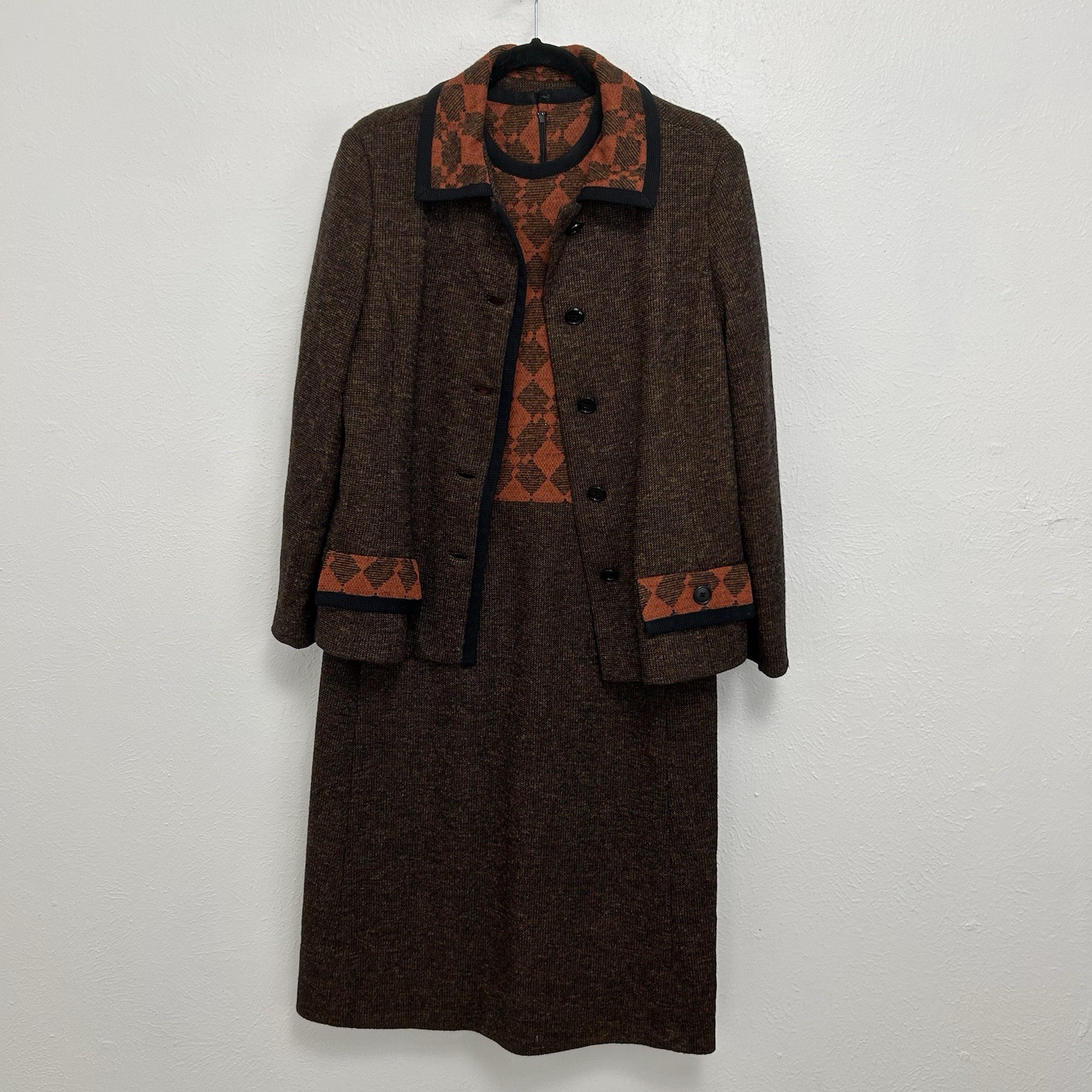 VTG Alper Schwartz M/L Brown Orange Wool Tweed Suit Dress Jacket 2-Pc 1960s/70s