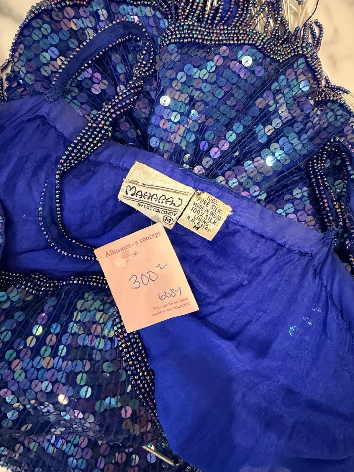 Vintage Laurence Kazar Blue Sequin Beaded Silk Cocktail Dress Fringe Art Deco M