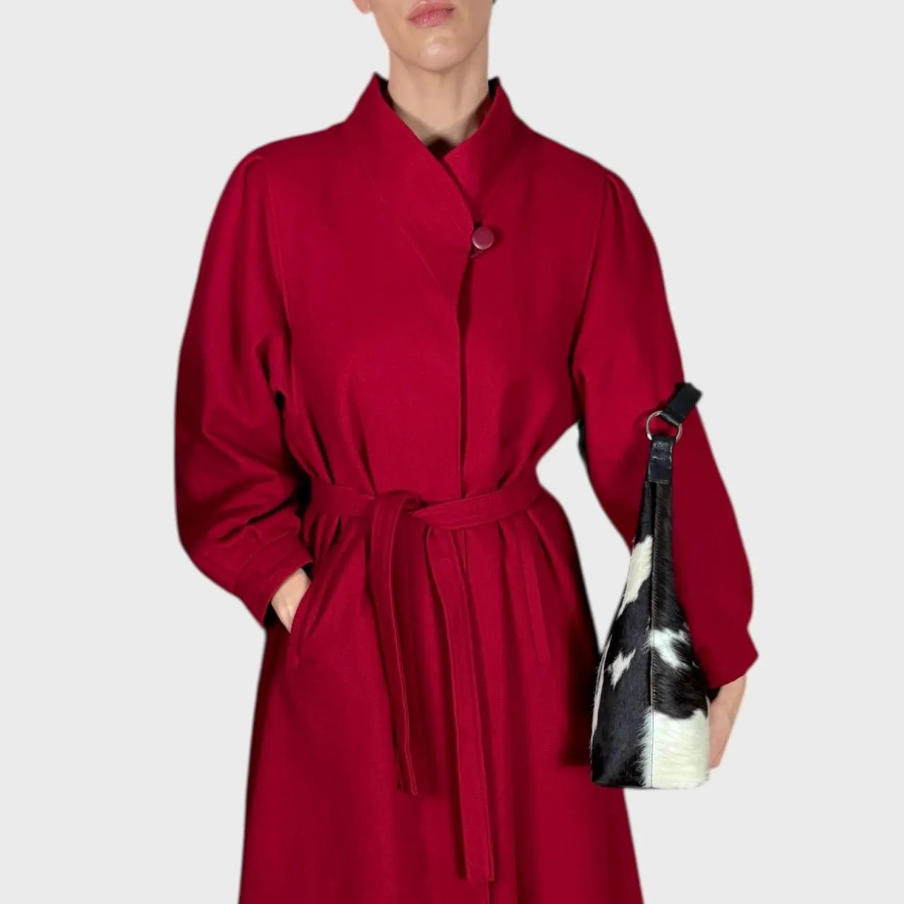 Vintage Red Wool Coat Belted Waist Elegant Longline Overcoat size US10; EU40