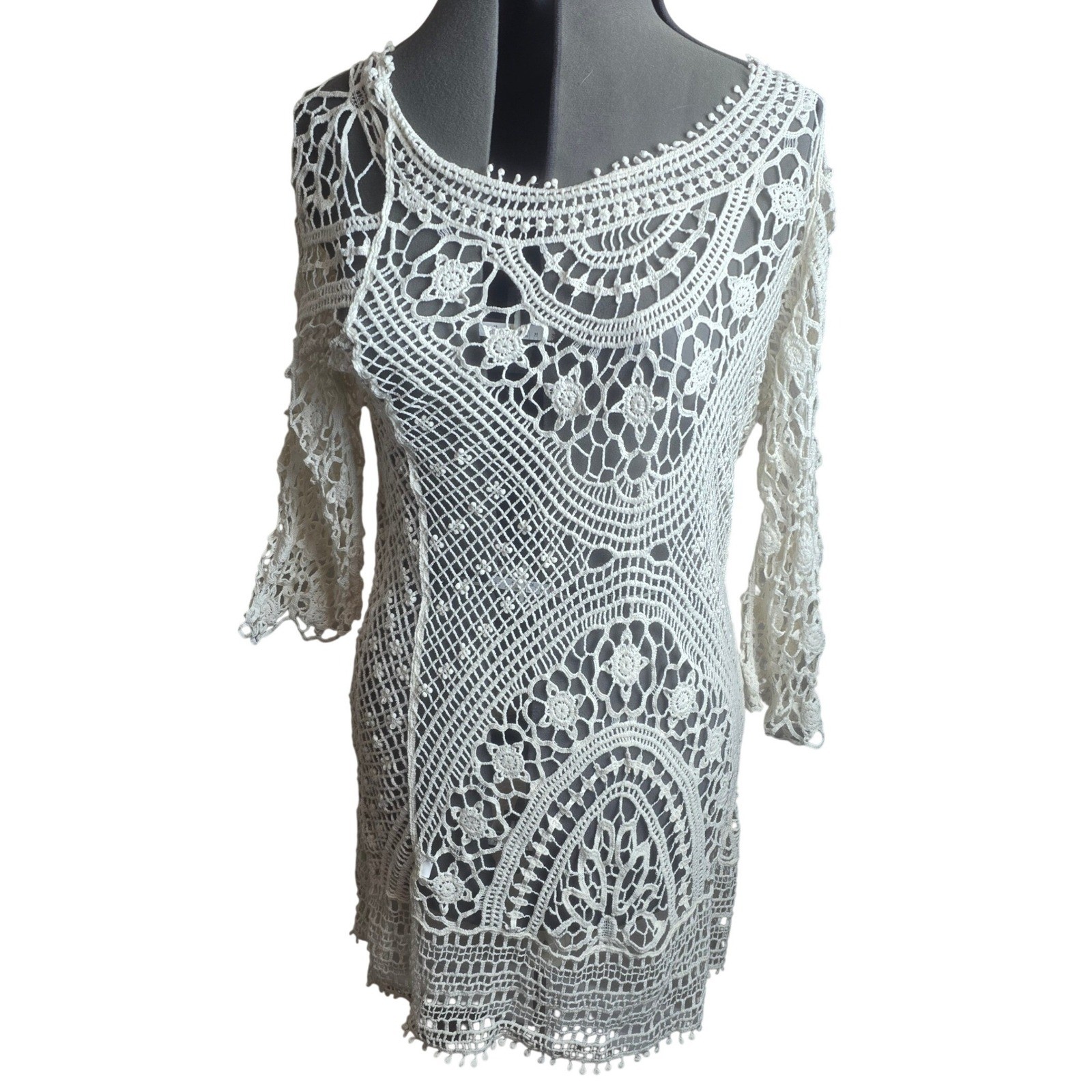 Vintage Crochet Lace Open Back Mini Dress Cream Festival Boho
