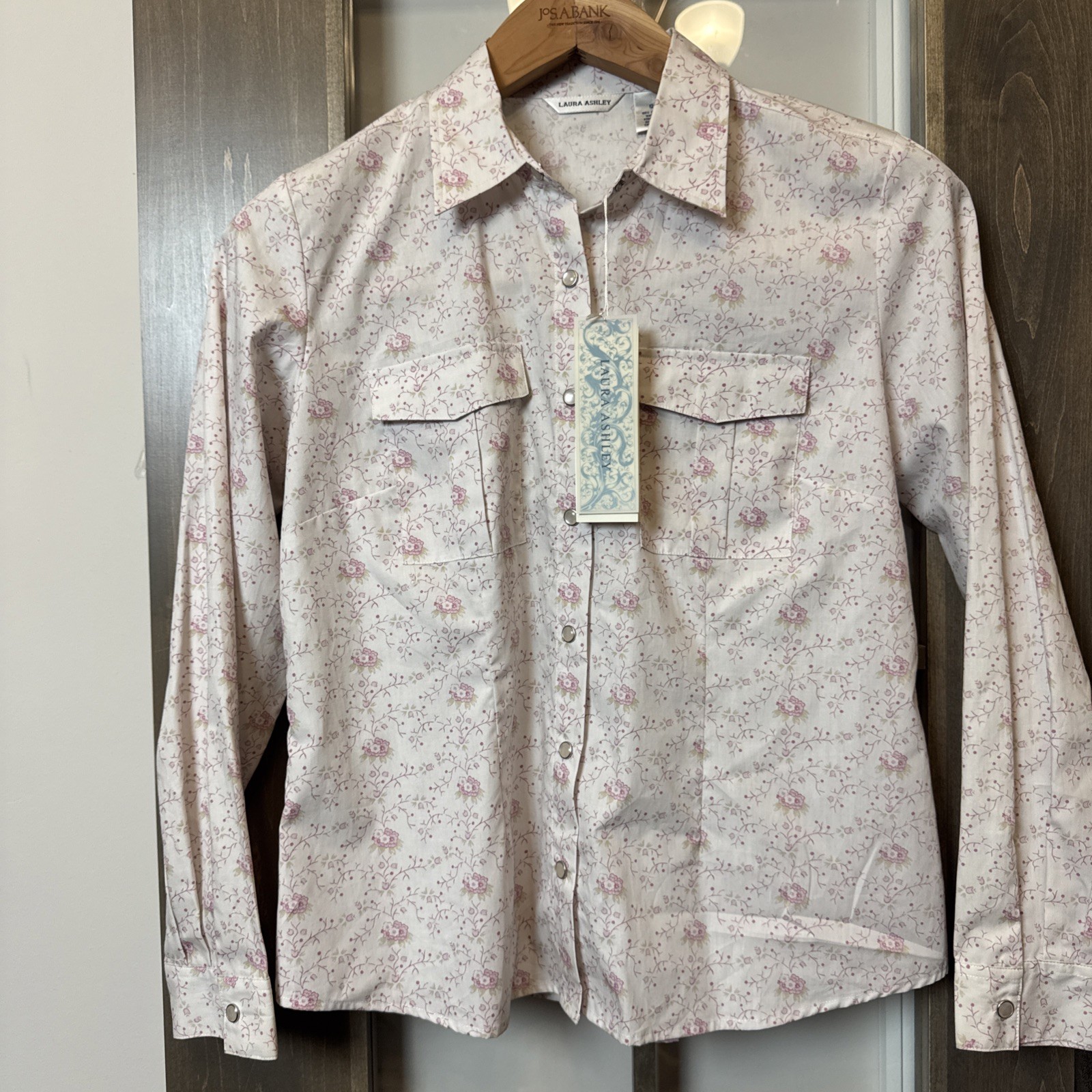 Laura Ashley Floral Blouse Cottagecore Womens 12 Pearl Snap Button Up Shirt Pink
