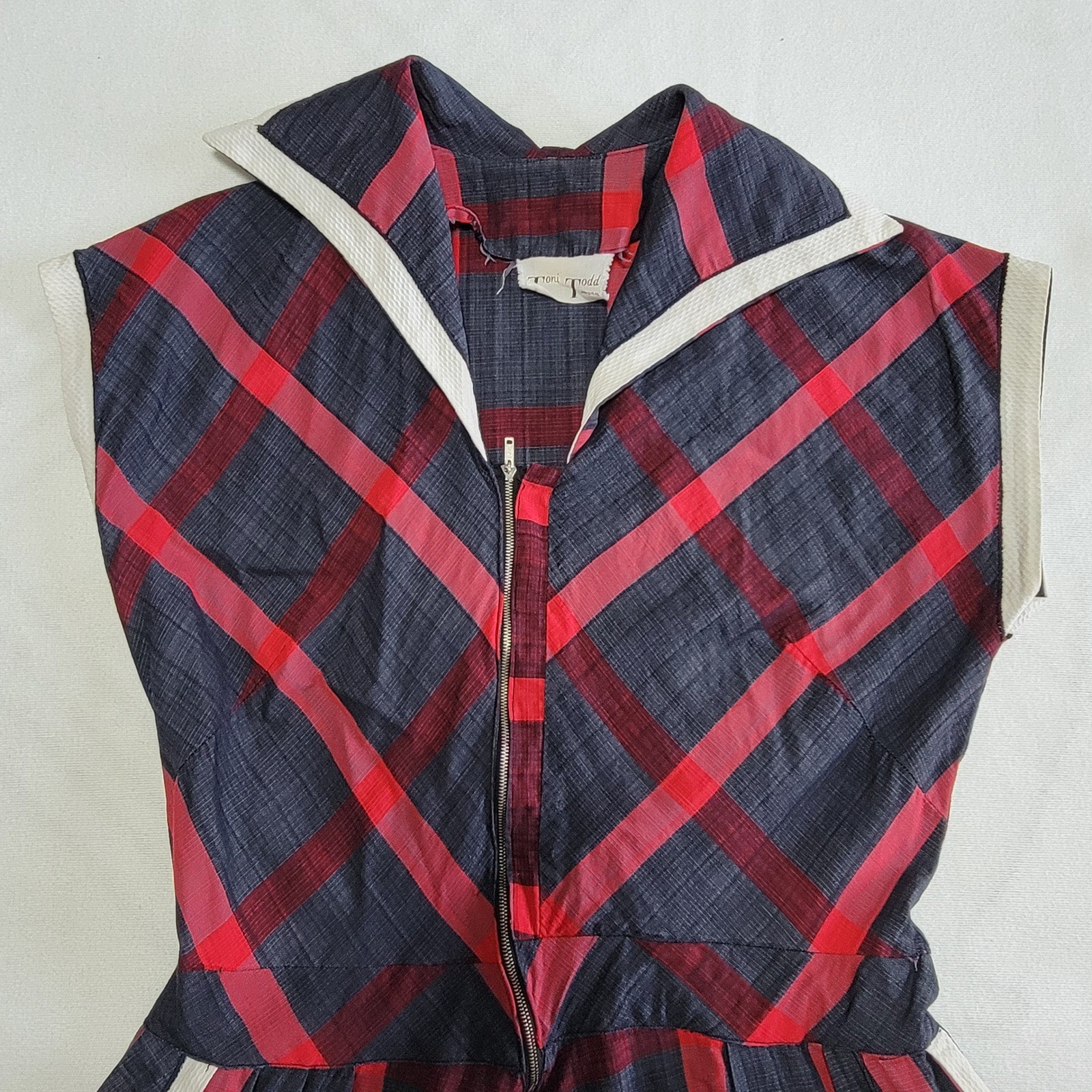 Vintage 50s Toni Todd Plaid Sailor Dress Red Grey Women&rsquo;s M Rockabilly