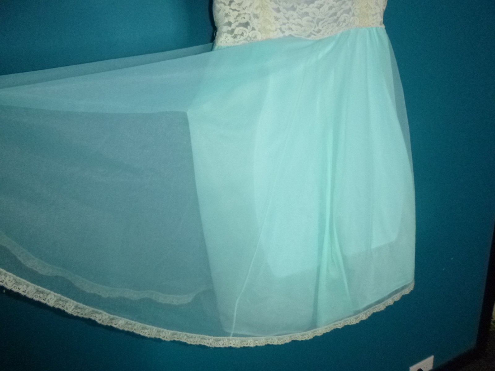 Vtg 60s Olga Sleeping Pretty Nightgown Aqua Double Layer Nylon Chiffon Sz M