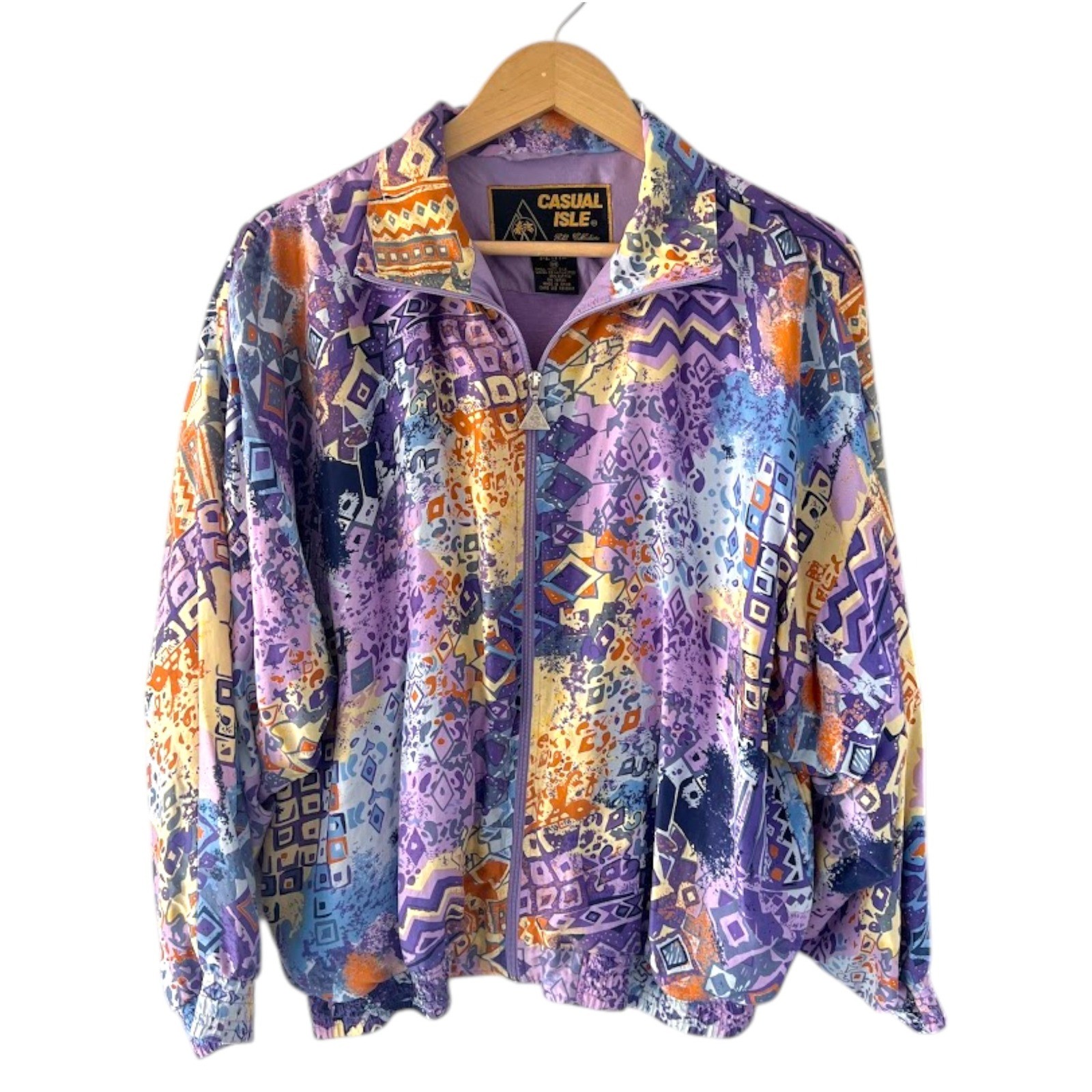 Casual Isle Vintage 100% Silk Abstract Geometric Bomber Jacket Purple Petite M
