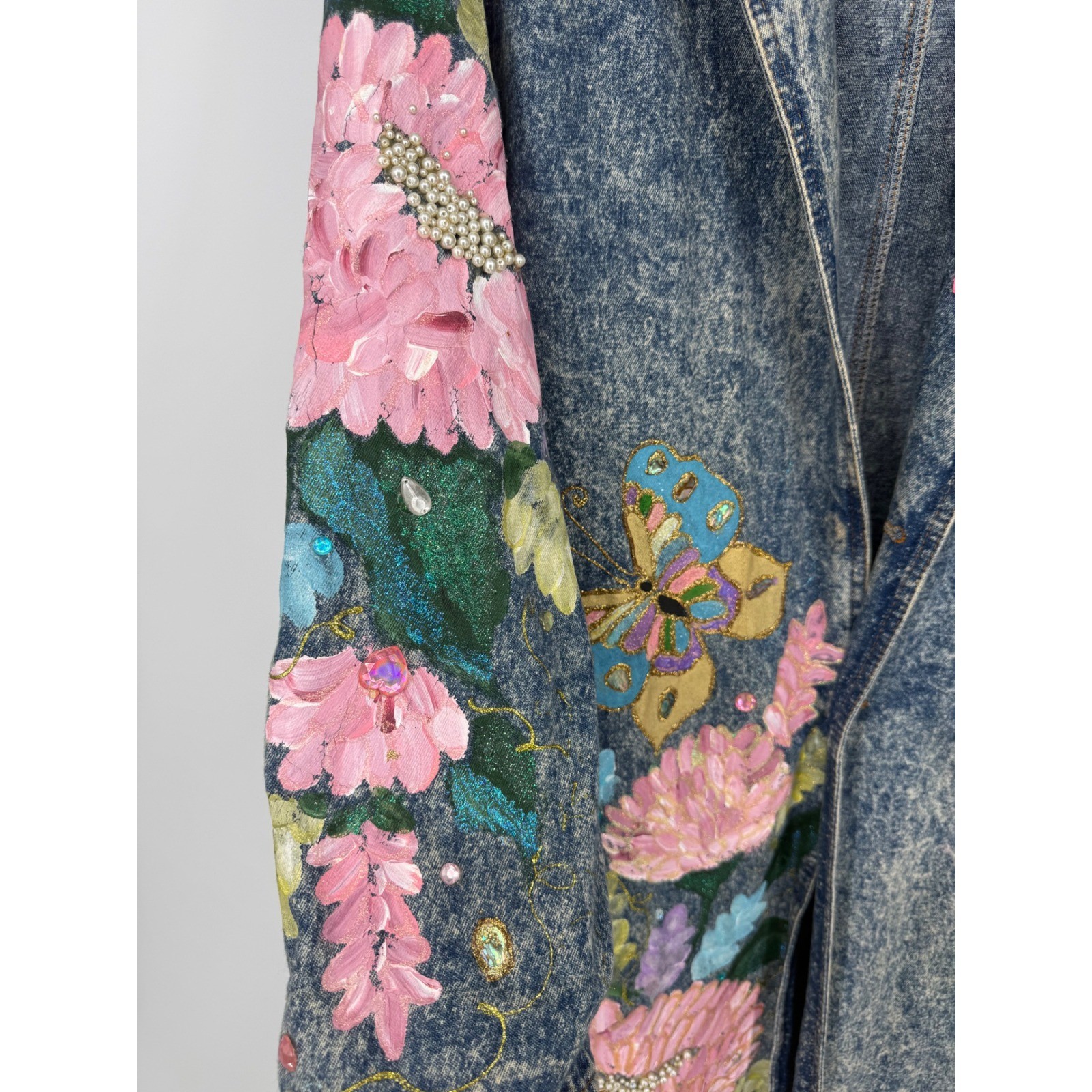 Vintage Fit America Womens Large Denim Trench Coat Hand Painted Floral Acid Wash