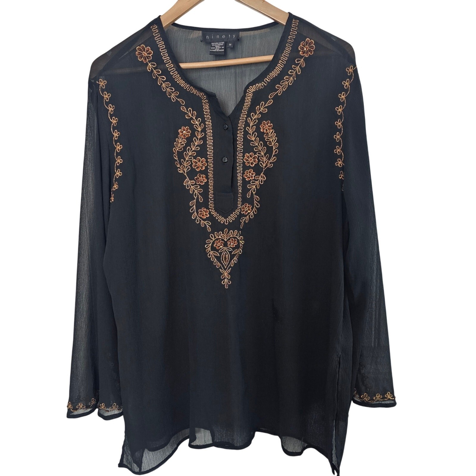 Ninety Y2K Blouse Women 1X Black Sheer Whimsygoth Fairy Boho Relaxed Glam Beaded