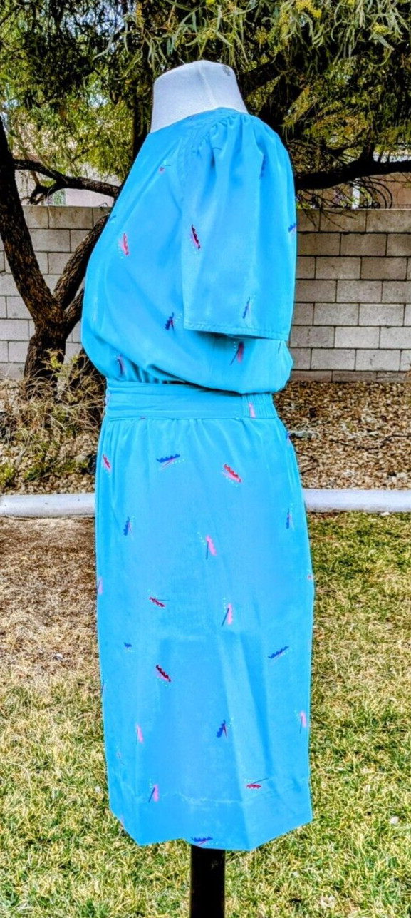 1980s VTG Petites for Maggy Sz4p Aqua Memphis Geometric Midi Korea Dress GUC