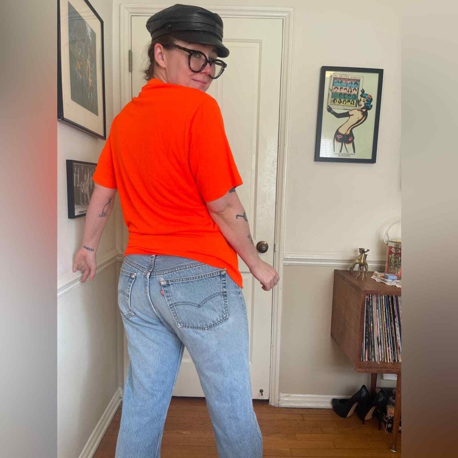 80s Vintage Bright Orange Single Stitch Cotton Poly Blend T Shirt – Sz Large