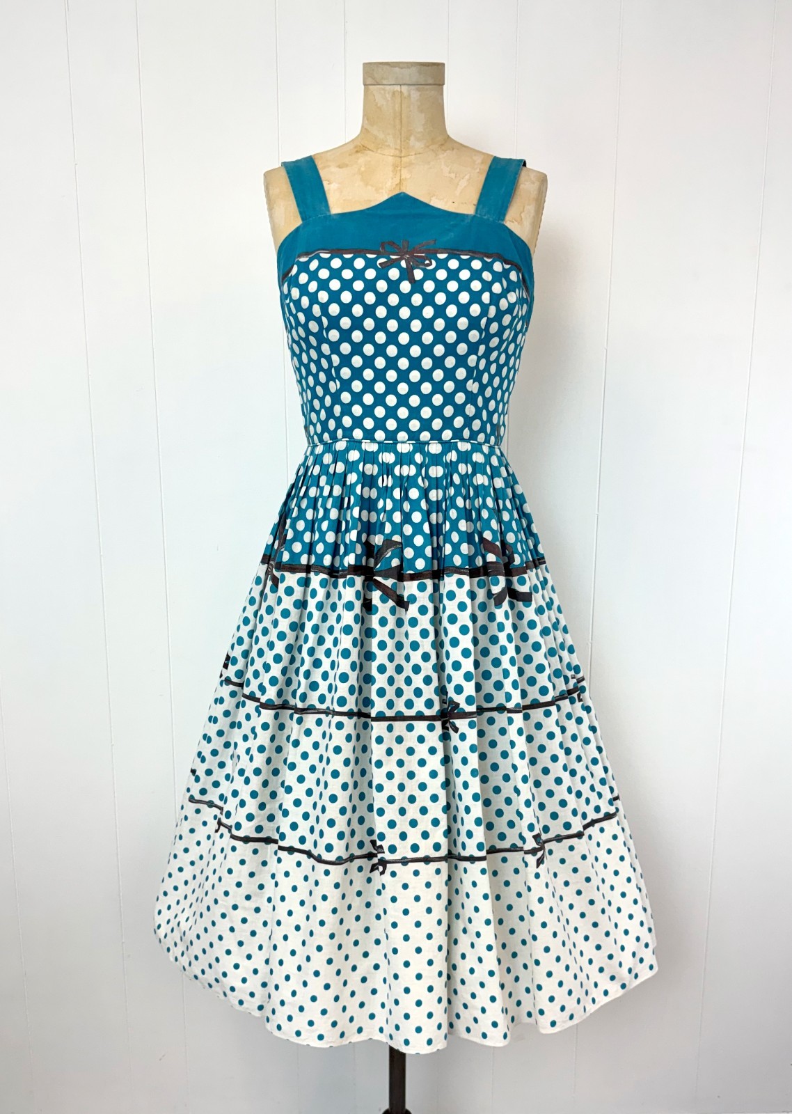Vtg 1950s Polka Dot Trompe L&rsquo;oeil Ribbon Blue White Cotton Pinup Day Dress