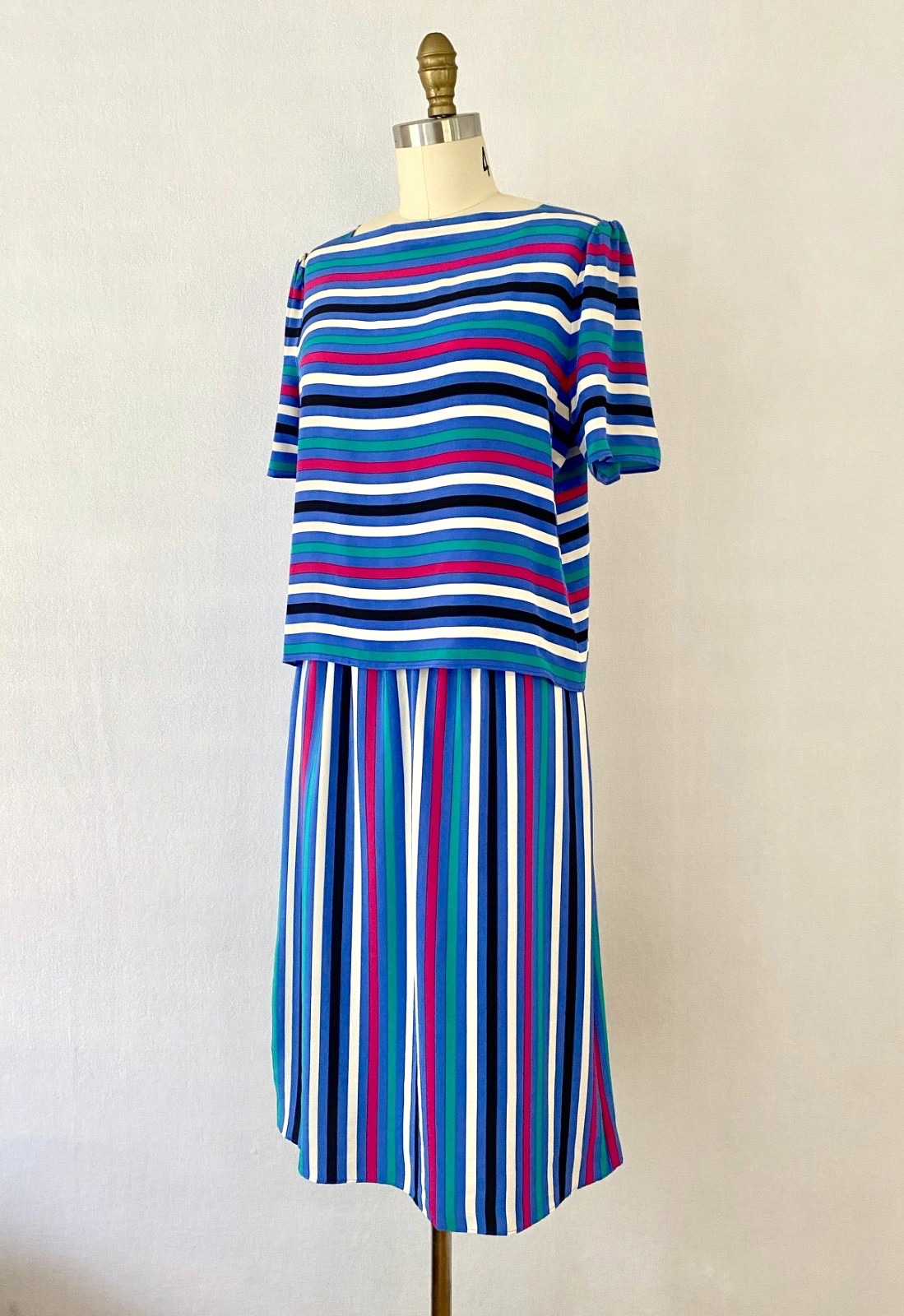 Ca. 1980s Vintage Striped Silk Skirt and Blouse Set by Silk Studio