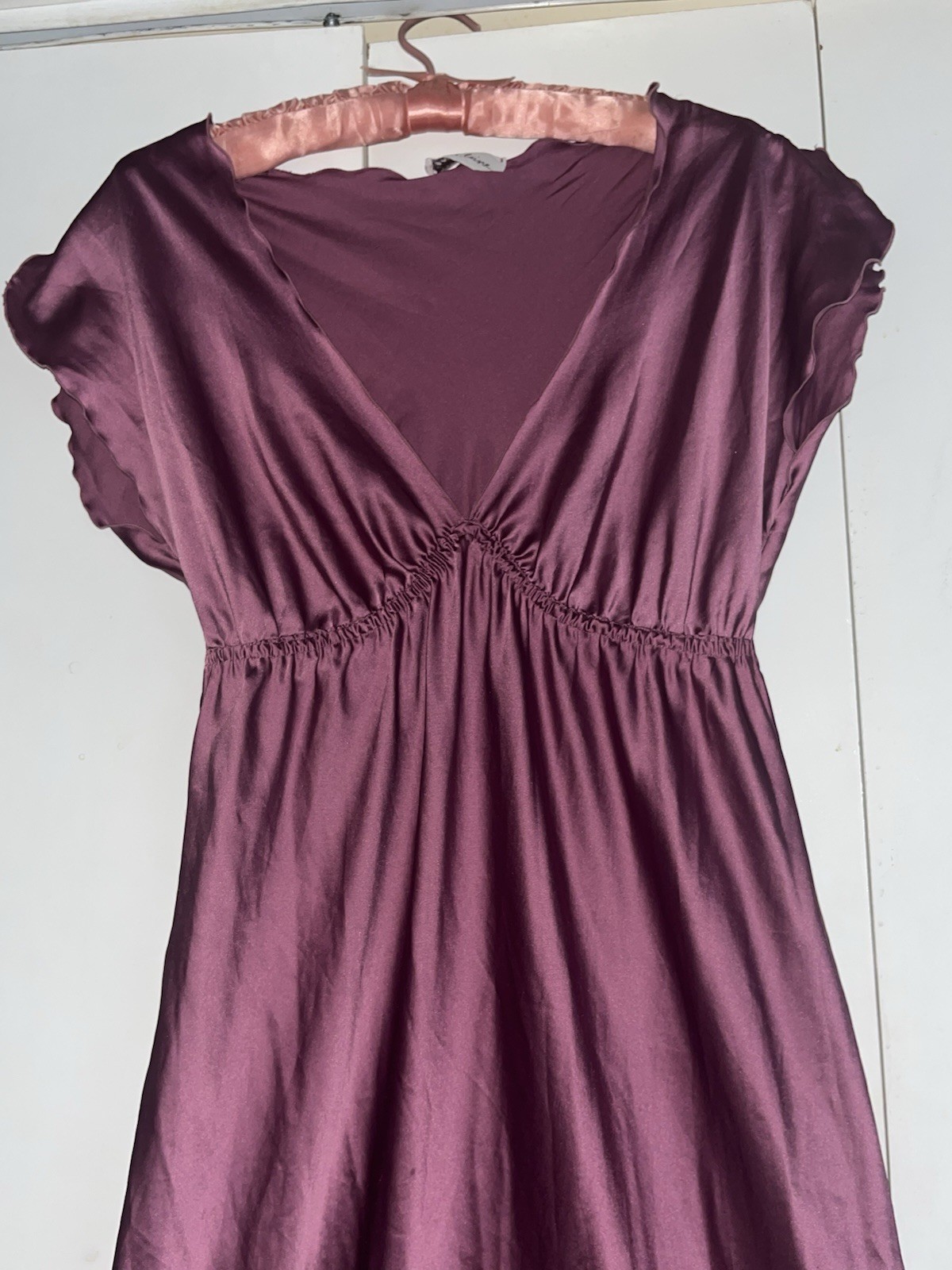 Vtg Miss Elaine Purple Satin Maxi Nightgown Large V Neck Flutter Sleeves