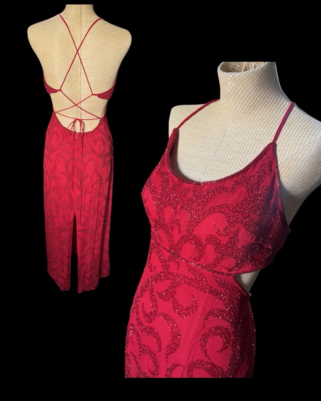 Vintage 90s Y2K Sean Collection Silk Beaded Backless Gown Dress Red Formal Prom