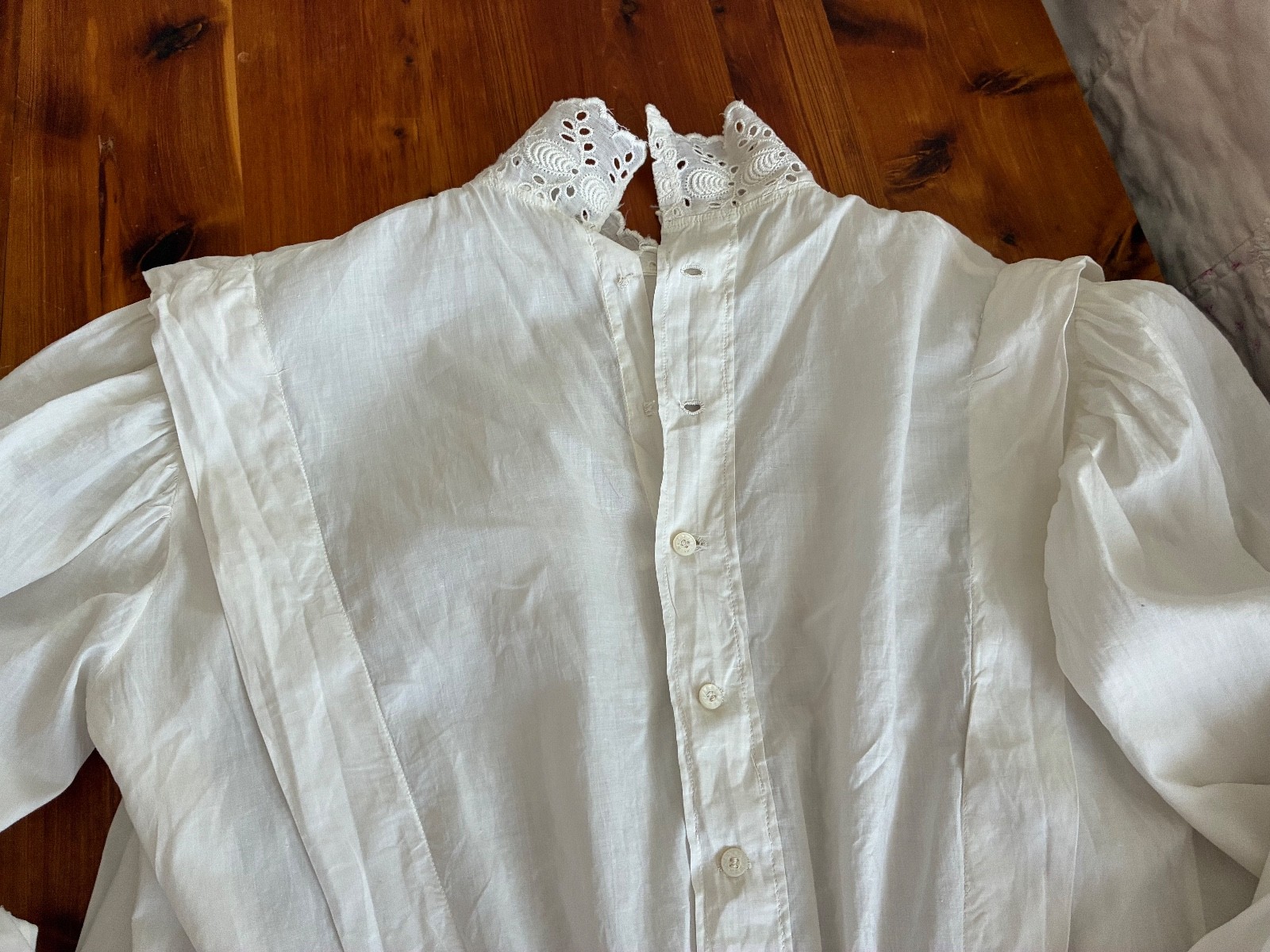 Antique Edwardian White Cotton Waist Blouse Embroidery Eyelet High Neck