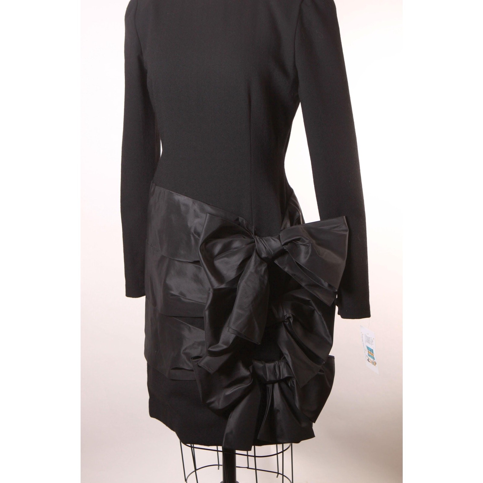1980s Black Long Sleeve Oversized Bow Formal Cocktail Dress by Bill Blass