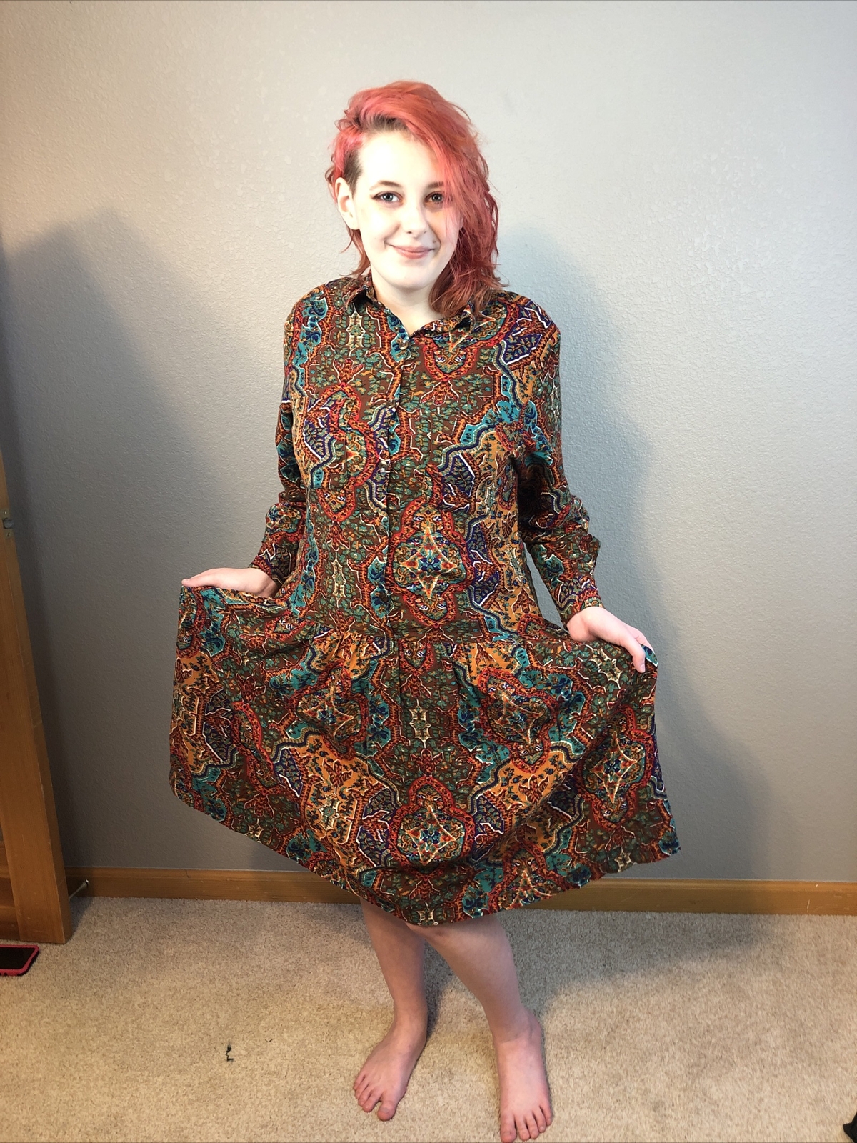 Vintage Forenza Paisley Dress Size M in Brown/Copper/Turquoise w/Shoulder pads