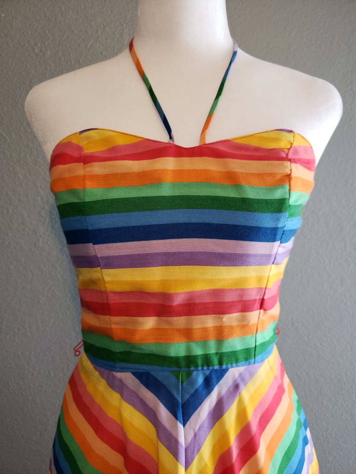Vtg 60&rsquo;s Rainbow Chevron Stripe Mod Hippy Pride Sun Day Dress 3 XS S