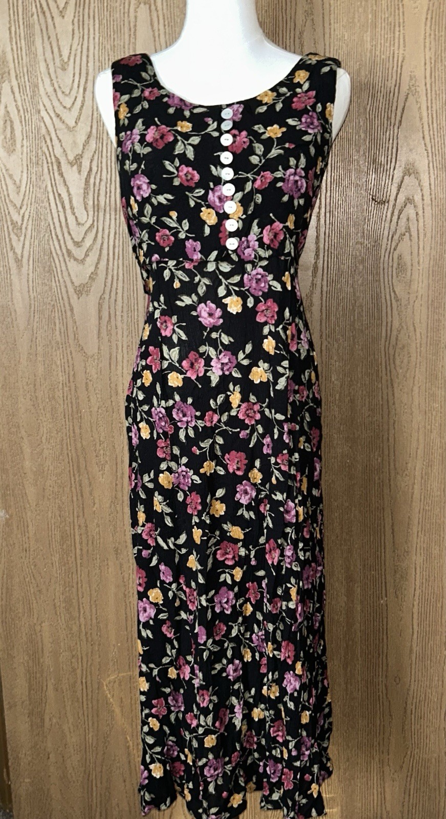 Vintage 90s Scarlett Floral Rayon Dress 8 Black Pink Whimsigoth Midi Tie Back