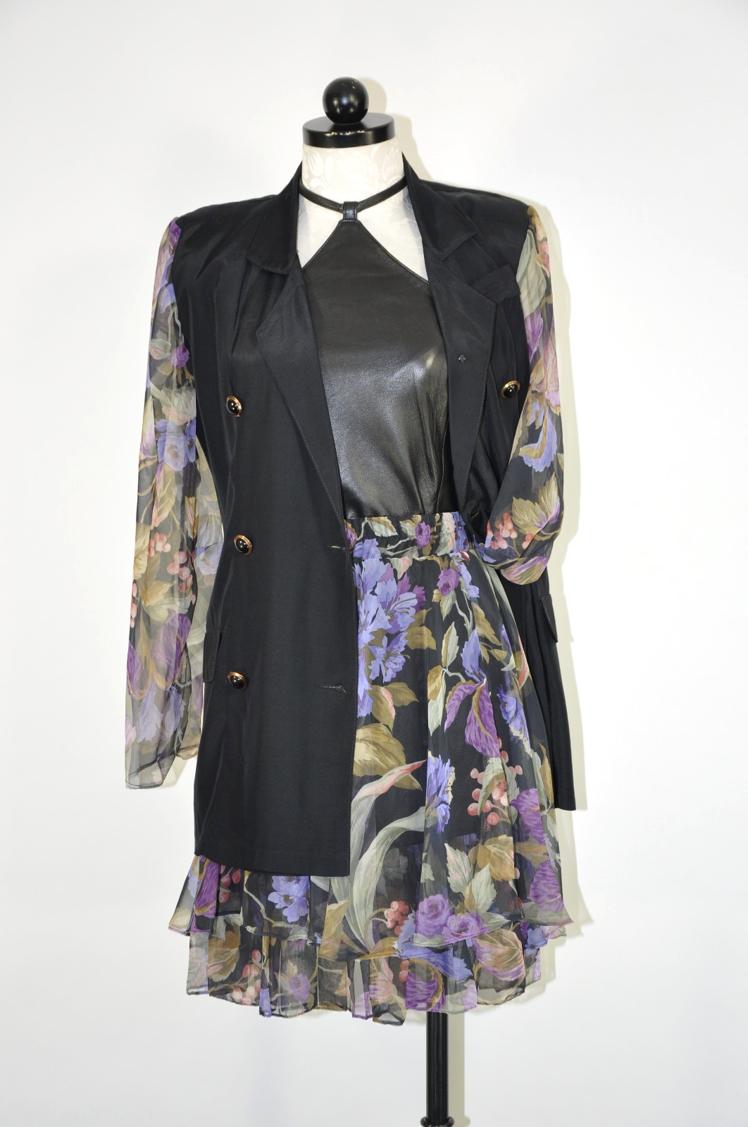 90s Vintage Black Garden Floral Chiffon Romantic Blazer Mini Skirt Suit Women S