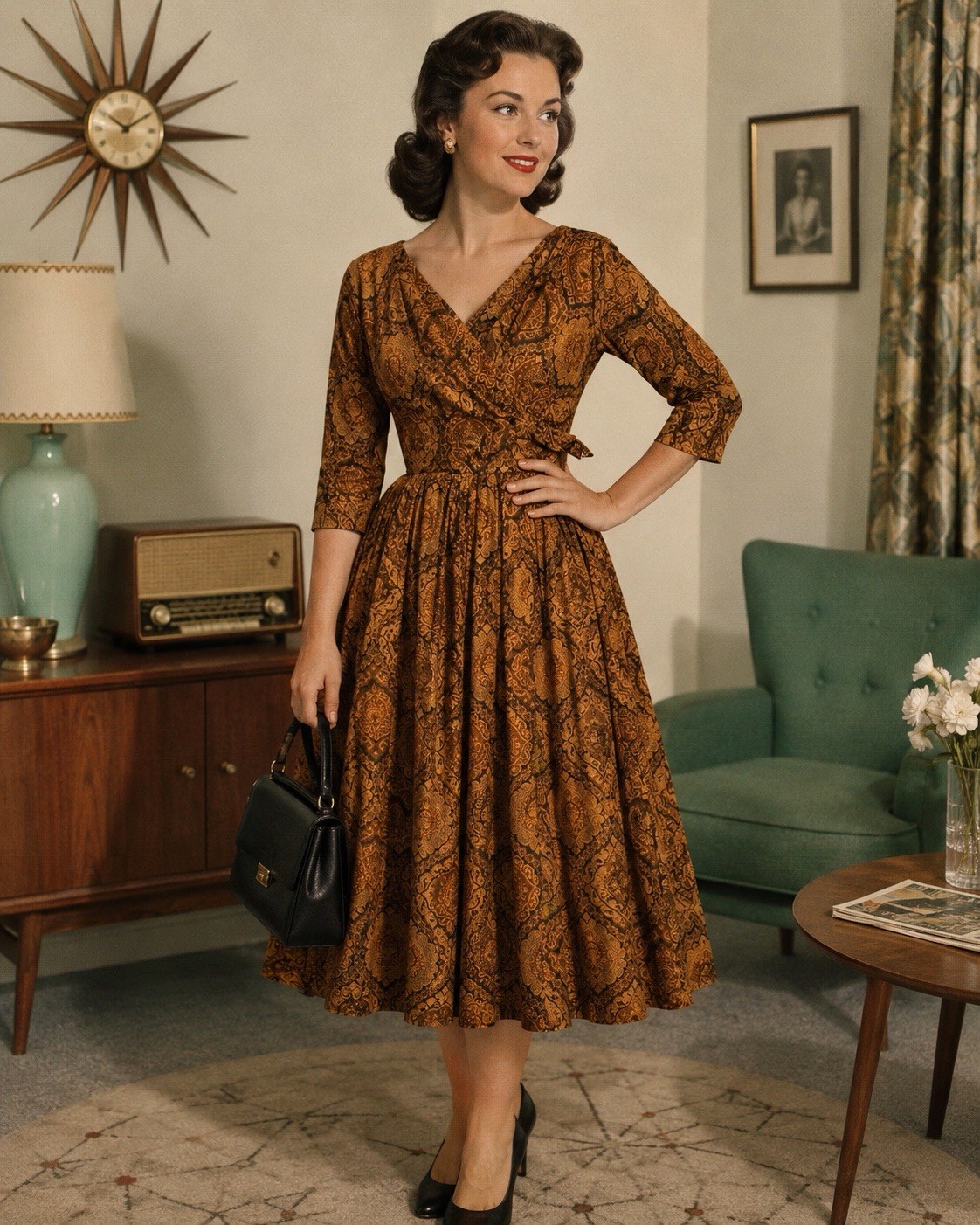 Vintage 50s 60s Fit & Flare Evening Dress Swing Skirt XS Copper Brown Paisley