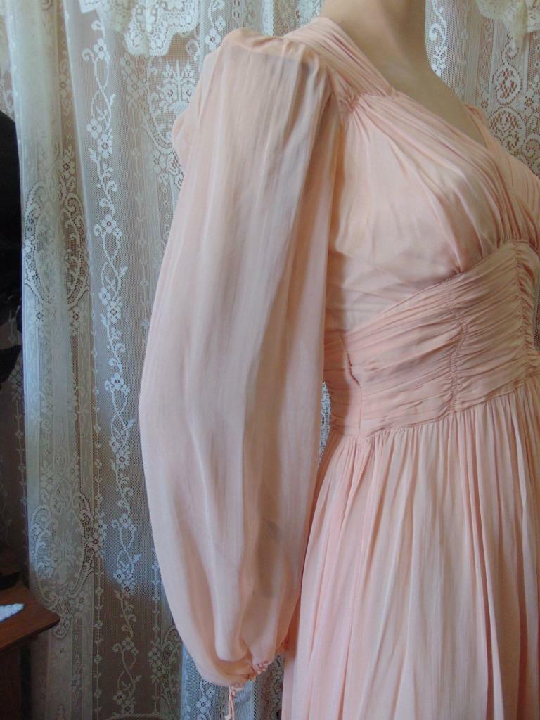 1940s ORIGINAL DESIGN PINK CHIFFON LONG DRESS PUFF BALLOON SLEEVES 24 W
