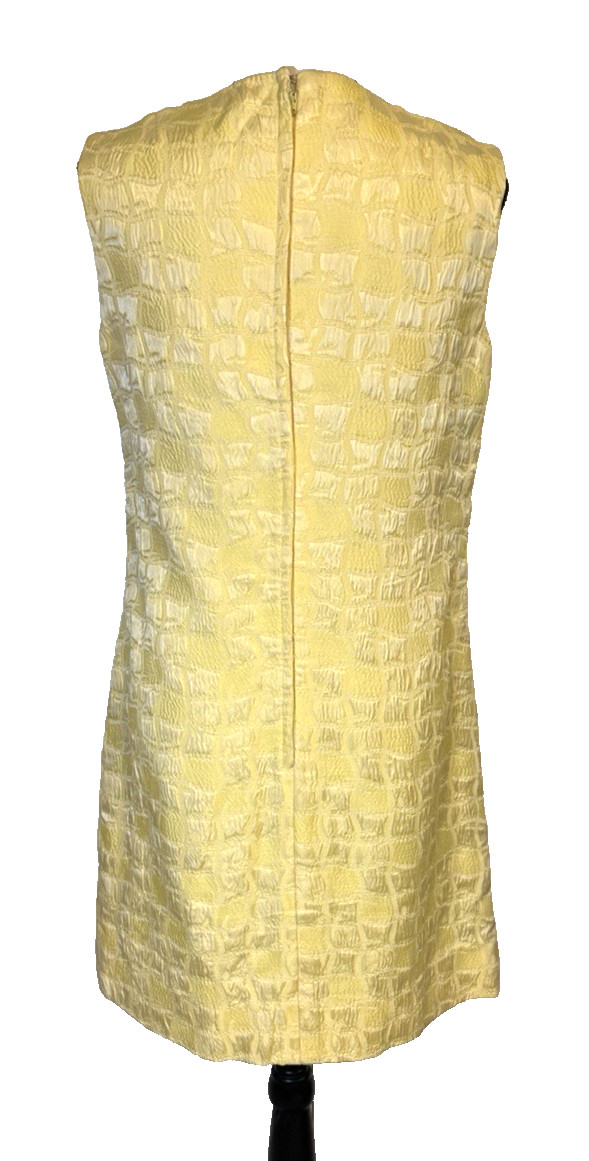 Vintage MOD 60&rsquo;S Lemon YELLOW Geometric JACQUARD MINI COCKTAIL DRESS Pockets S/M