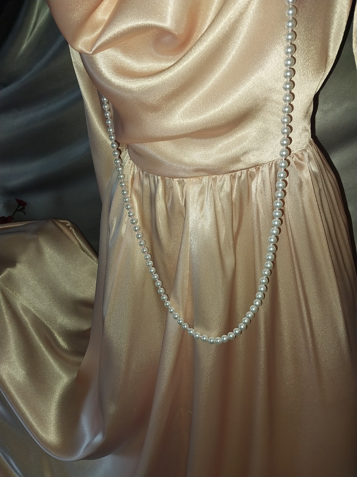 Vtg SATIN IMPORTED PEACH PINK COWL CASCADE 350&Prime; GRAND SWEEP FLARE MAXI DRESS L42