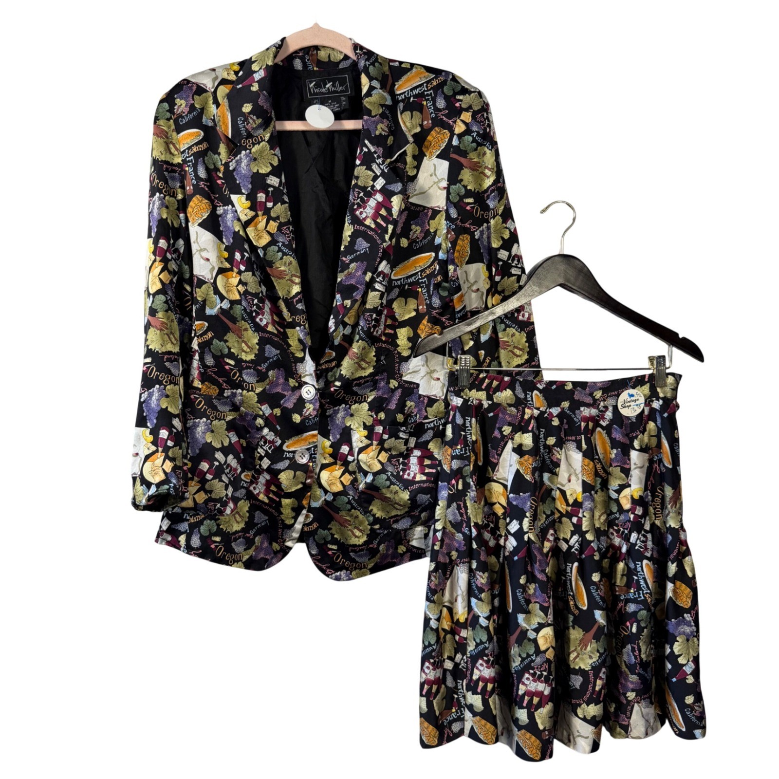 Vintage 1993 Nicole Miller Silk Skirt Suit Set Pinot Noir Wine Print Womens M