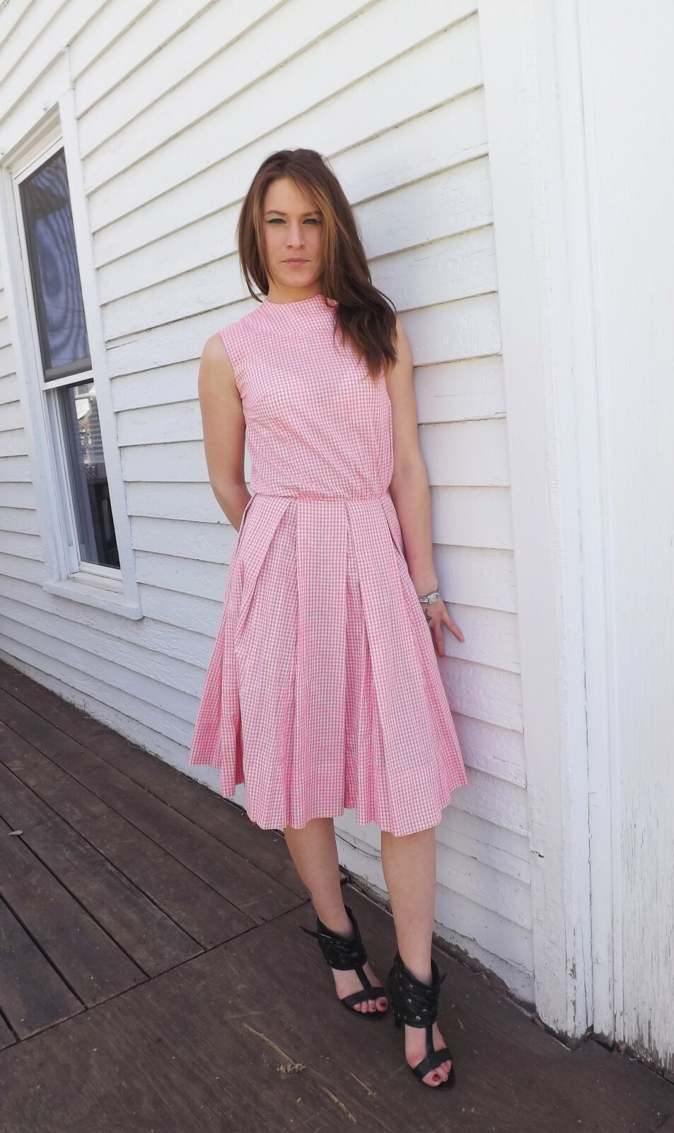 50s Pink White Gingham Sleeveless Dress XS 34 Bust 24 Waist Vtg