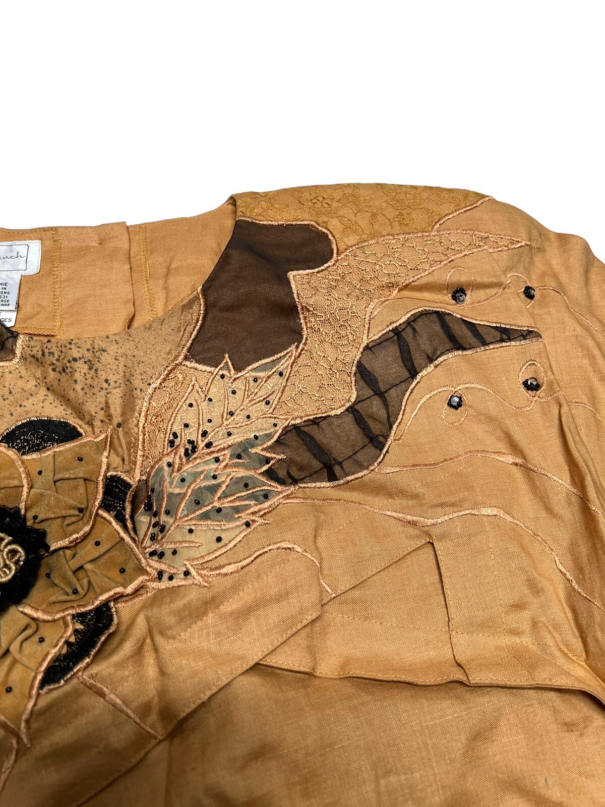 Vtg NOS Anne French Artsy Art to Wear Embellished 100% Ramie Blouse SZ 10 Wheat