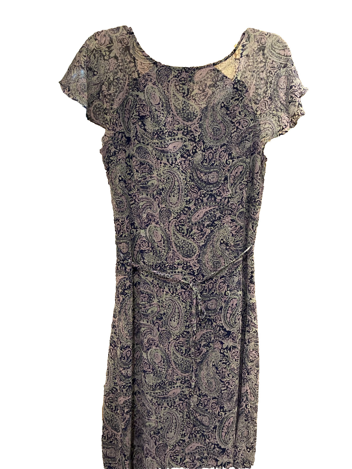 Jaclyn Smith VTG 2006 Blue paisley maxi dress cap sleeves Hem 2-tier ruffle
